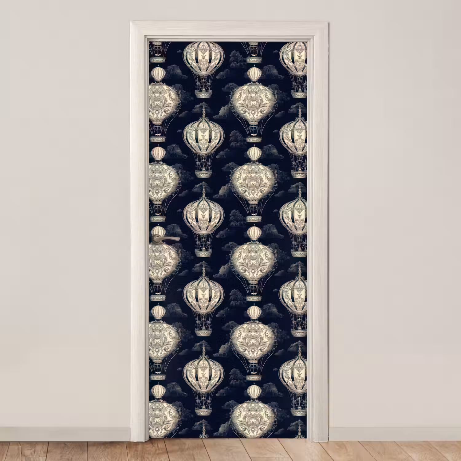 Luchtballonnen - Wolken - Patroon - Donkerblauw deurposter klein 289 -3d_beige