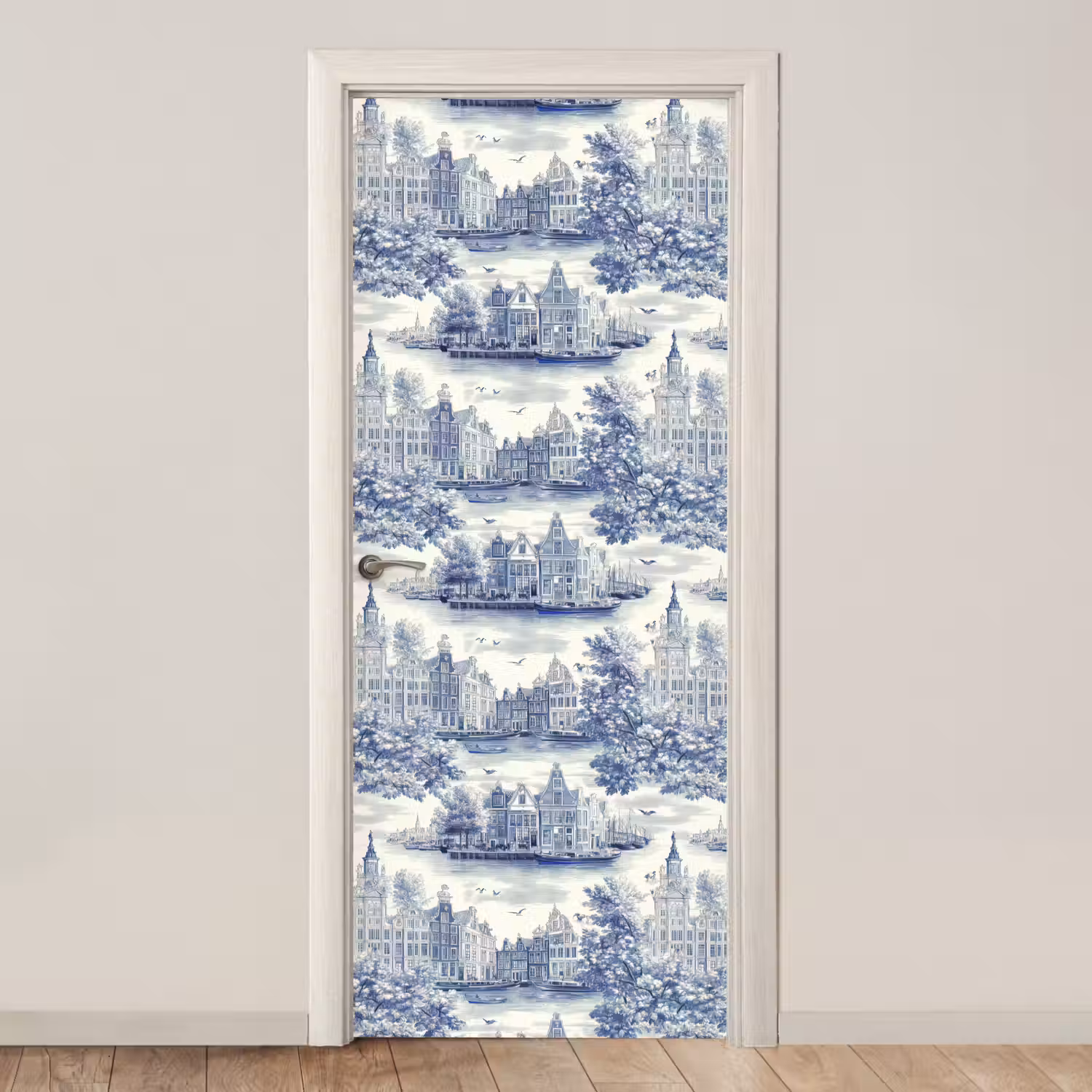 Huizen - Bomen - Water - Vogels - Blauw deurposter klein 289 -3d_beige