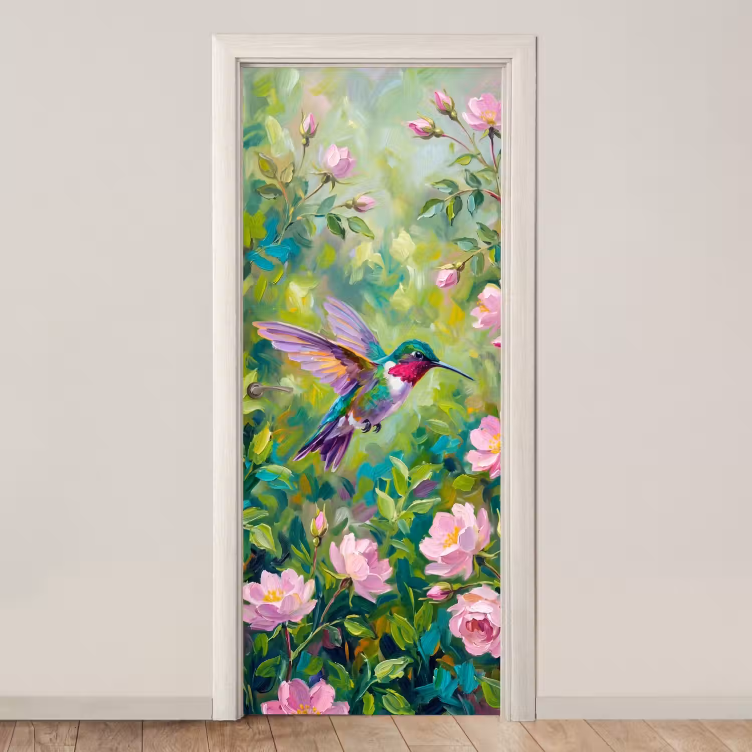 Kolibrie - Bloemen - Natuur - Kleurrijk deurposter klein -3d_beige