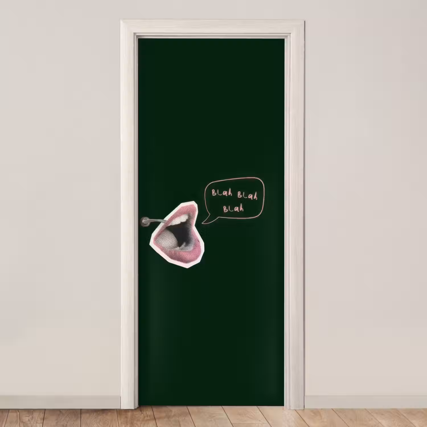 Illustratie - Mond - Donkergroen - Tekstwolkje deurposter klein -3d_beige