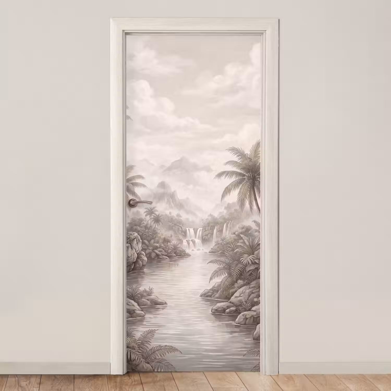 Jungle - Watervallen - Tropisch - Illustratie deurposter klein -3d_beige