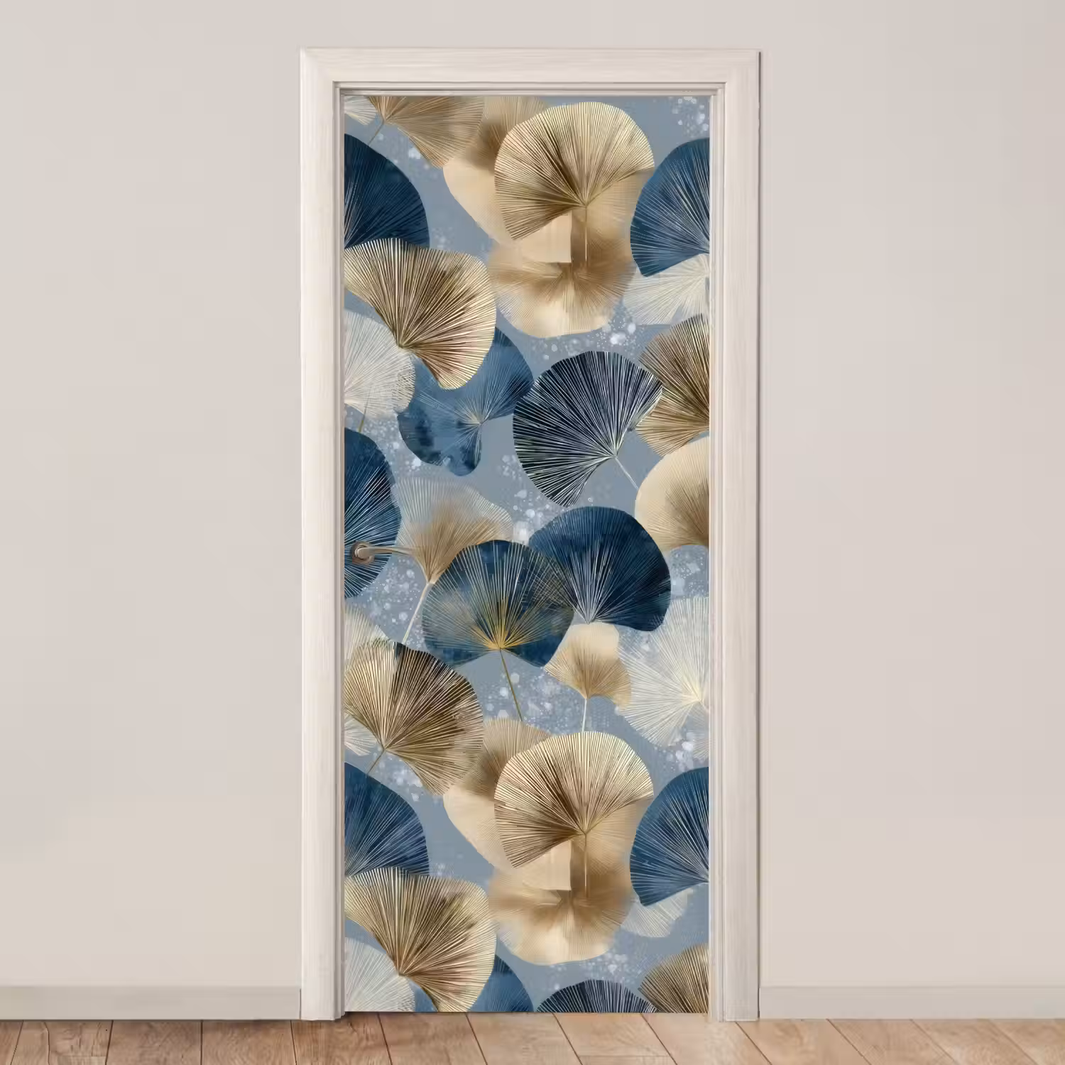 Bladeren - Abstract - Goud - Blauw deurposter klein -3d_beige