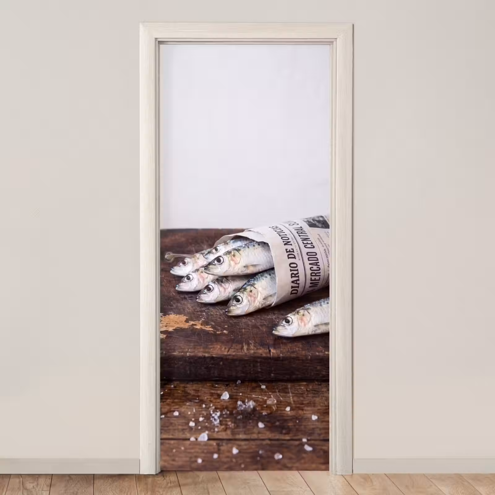 Door sticker - Little Sardine - newspaper - cutting board - Sardientje - krant - snijplank deurposter klein