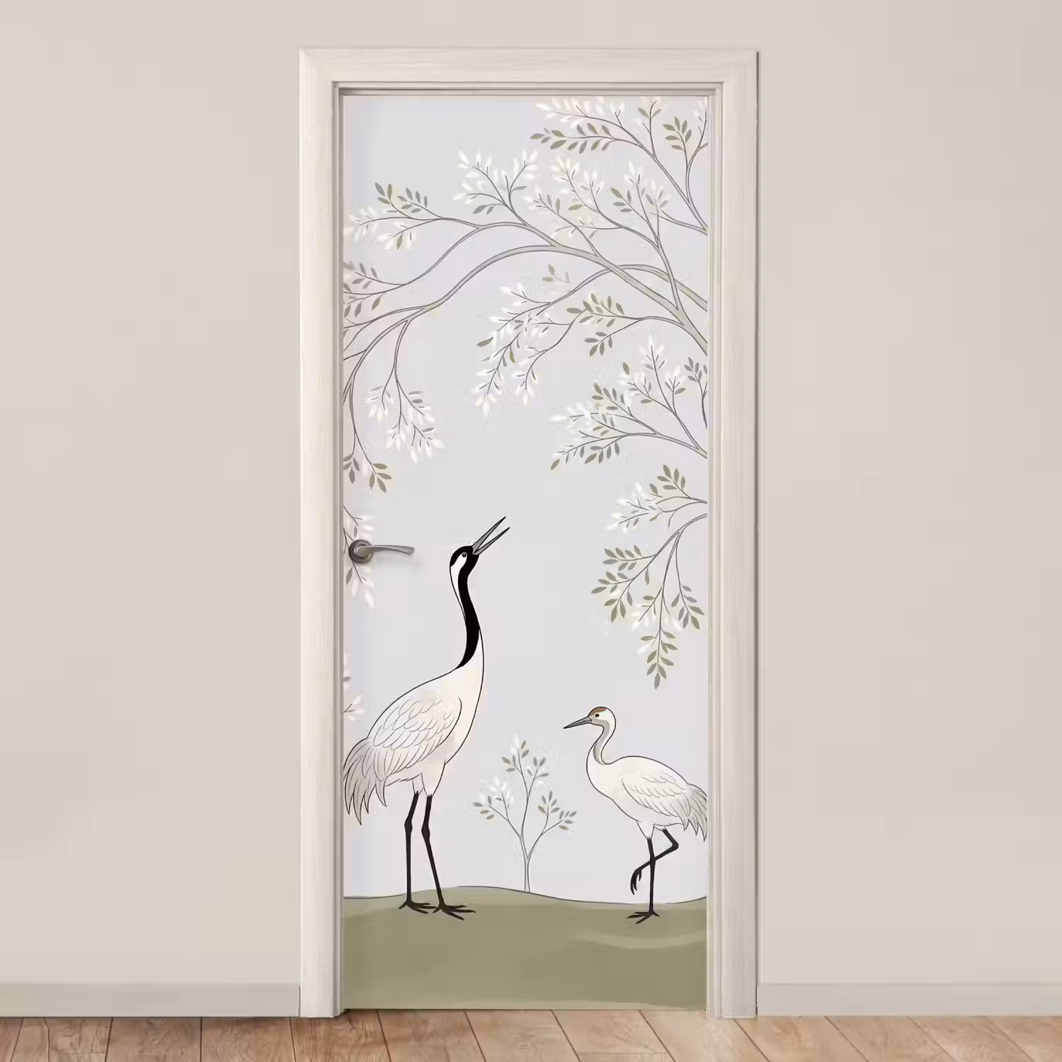 Minimalistisch - Kraanvogels - Blauw deurposter klein -3d_beige