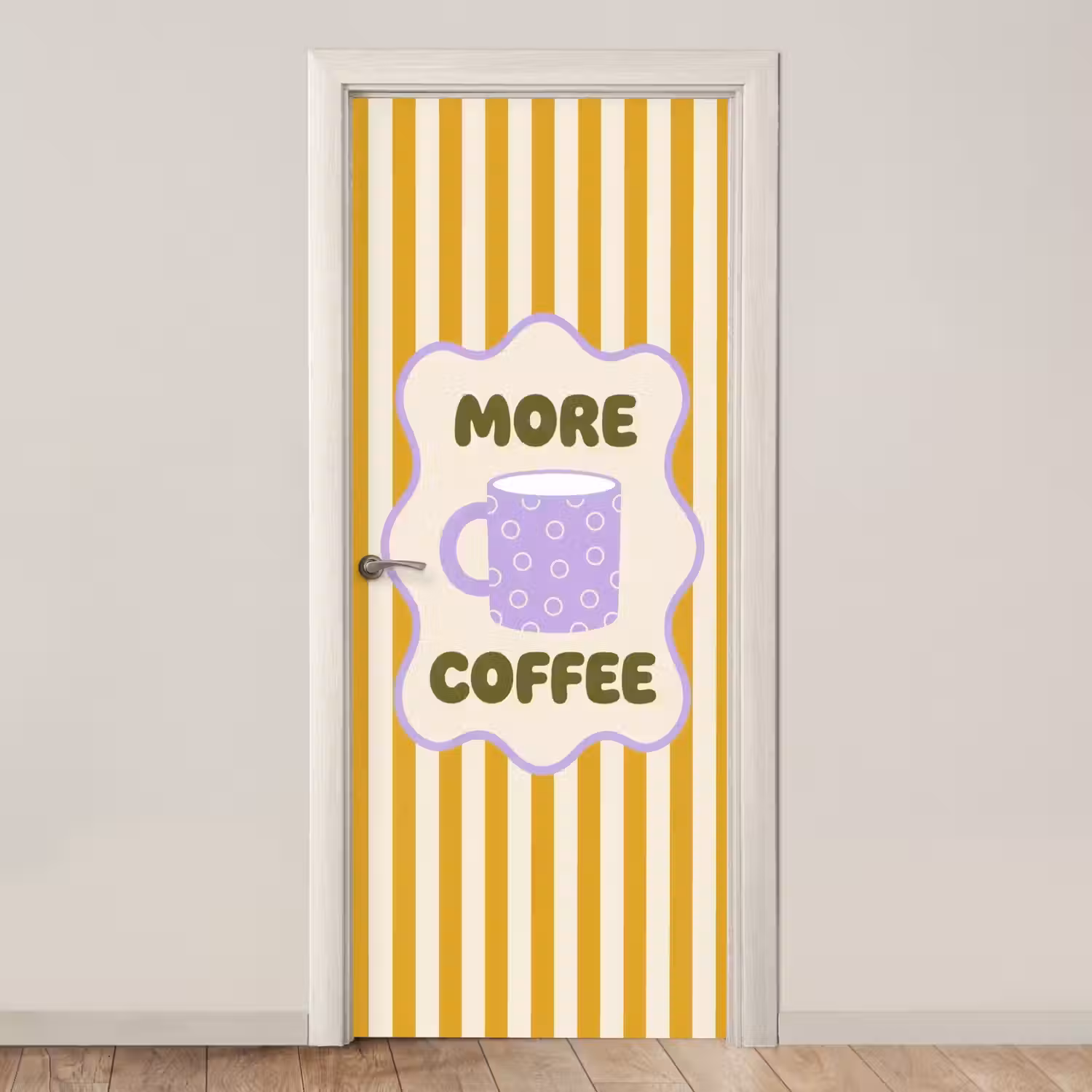 More coffee - Geel - Paars - Strepen - Mok deurposter klein -3d_beige