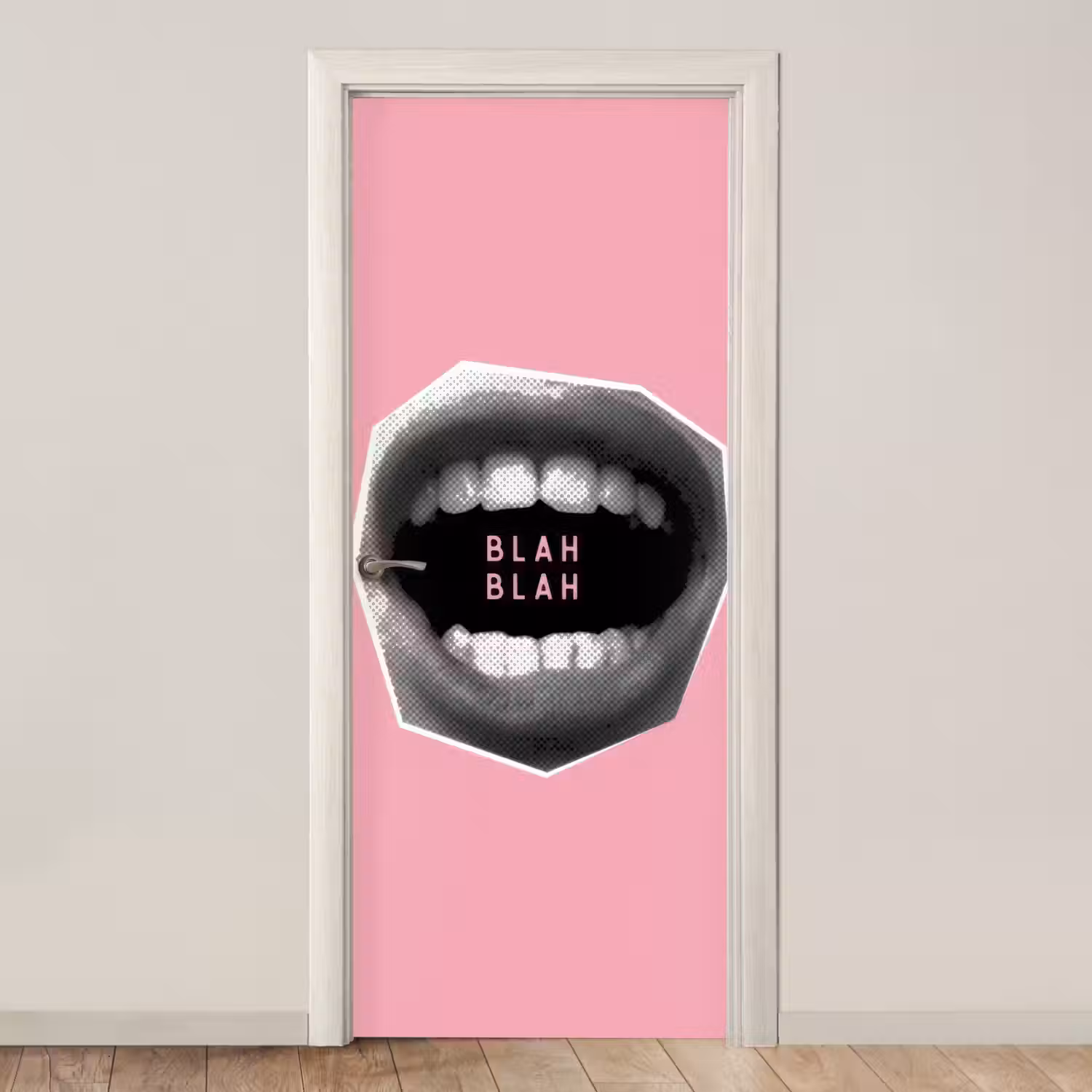 Mond - BLAH BLAH - Roze deurposter klein -3d_beige