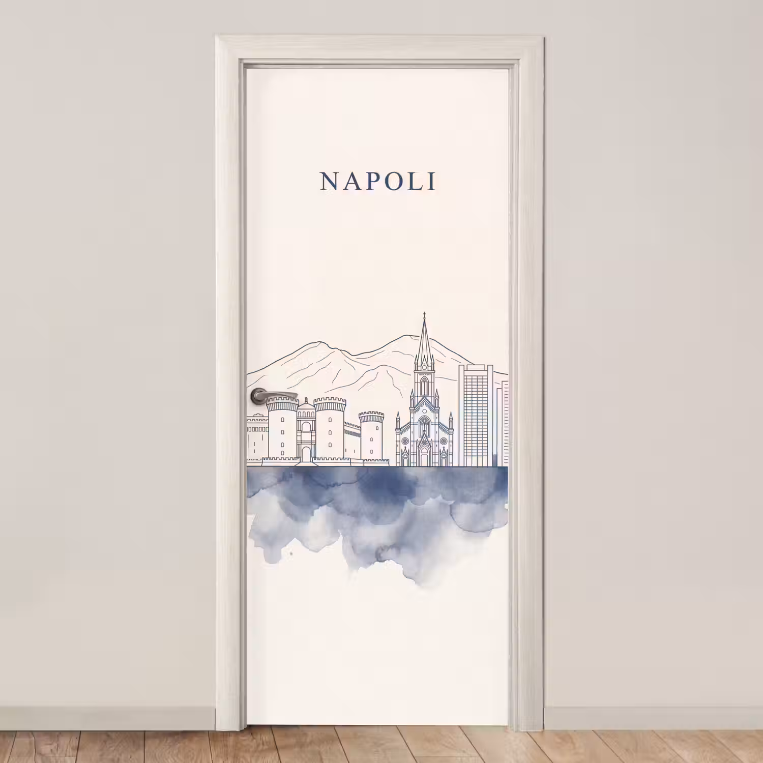 Napels - Skyline - Italie - Lijntekening - Aquarel deurposter klein -3d_beige