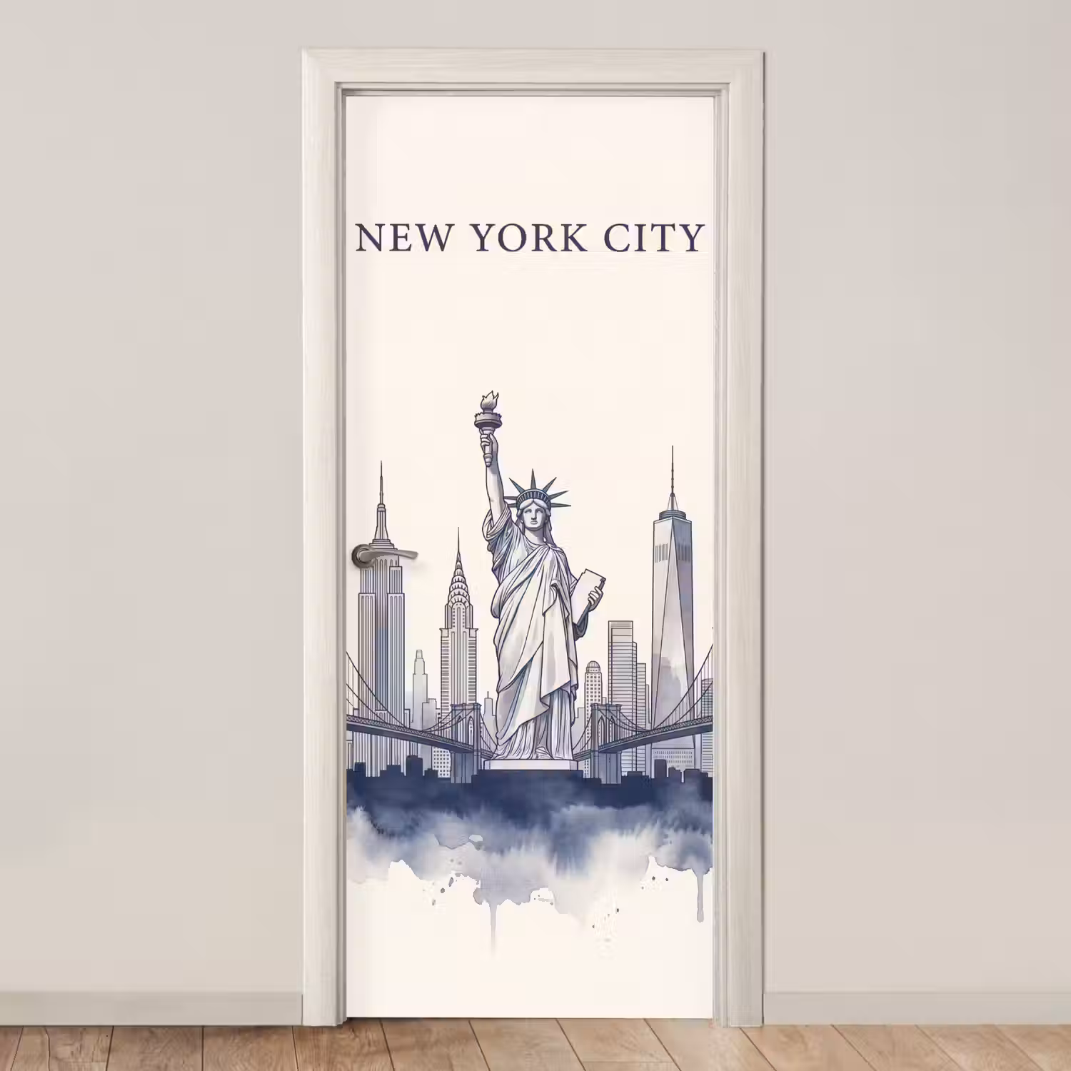 New York - Vrijheidsbeeld - Skyline - Illustratie - Blauw deurposter klein -3d_beige