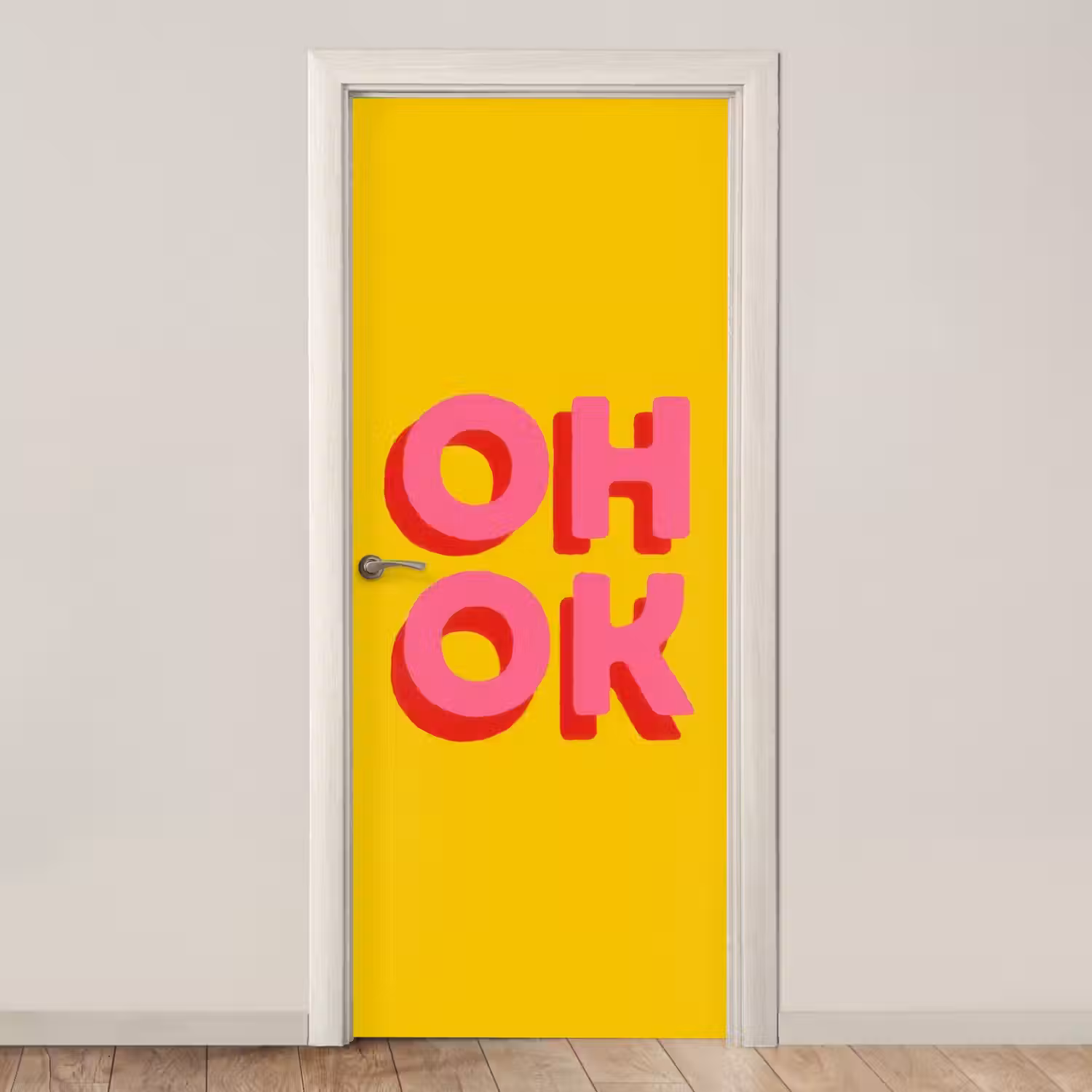 Oh ok - 3D - Geel - Roze deurposter klein -3d_beige