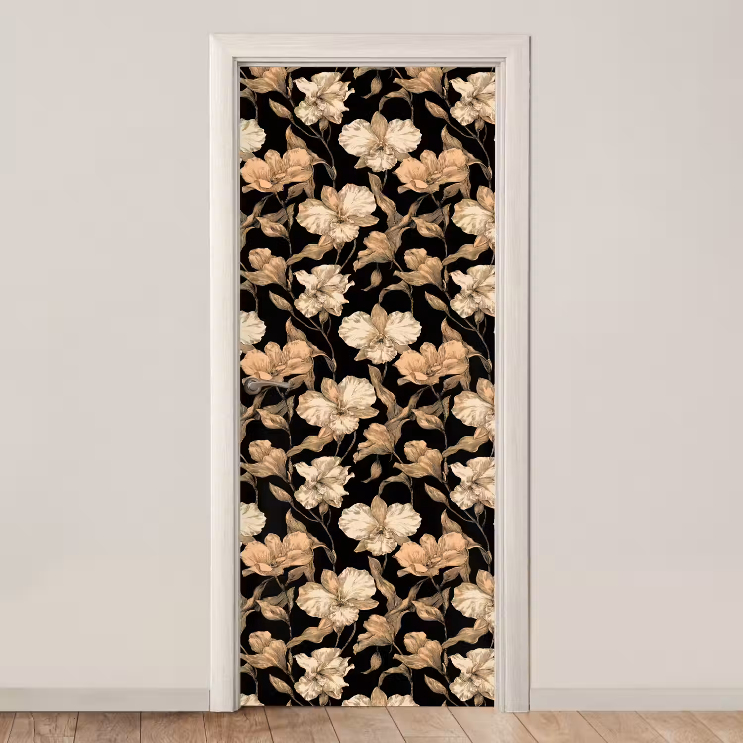 Orchideeën - Lijntekening - Patroon - Beige - Zwart deurposter klein 289 -3d_beige