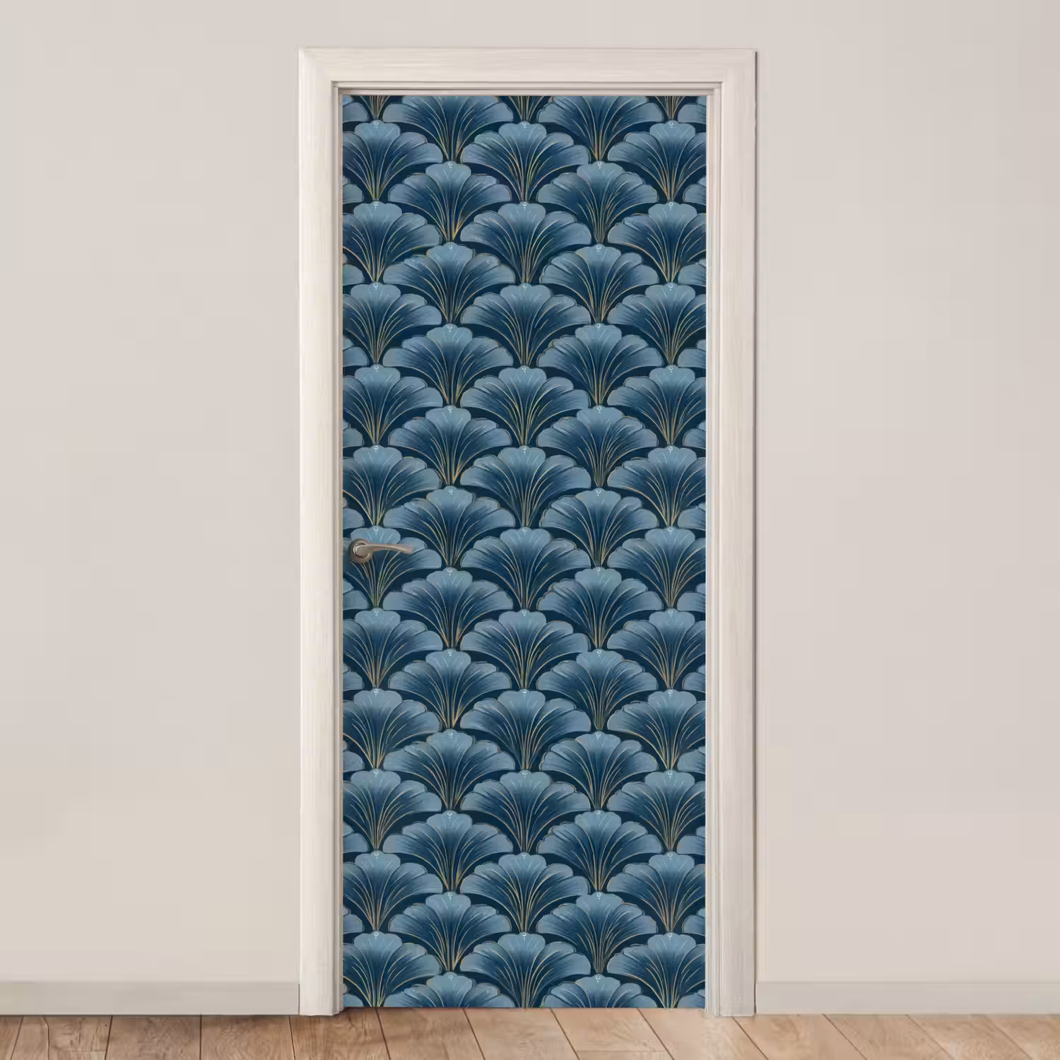 Patroon - Ginkgoblad - Blauw deurposter klein 289 -3d_beige