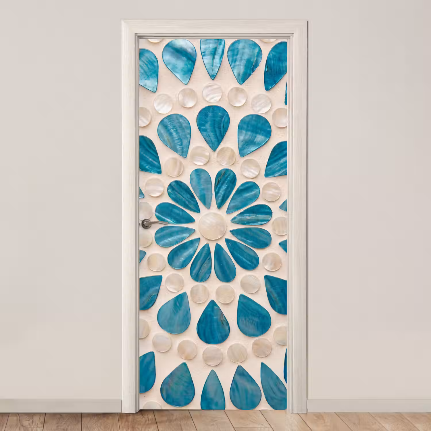 Patroon - Mozaïek - Schelpen - Abstract - Turquoise deurposter klein -3d_beige