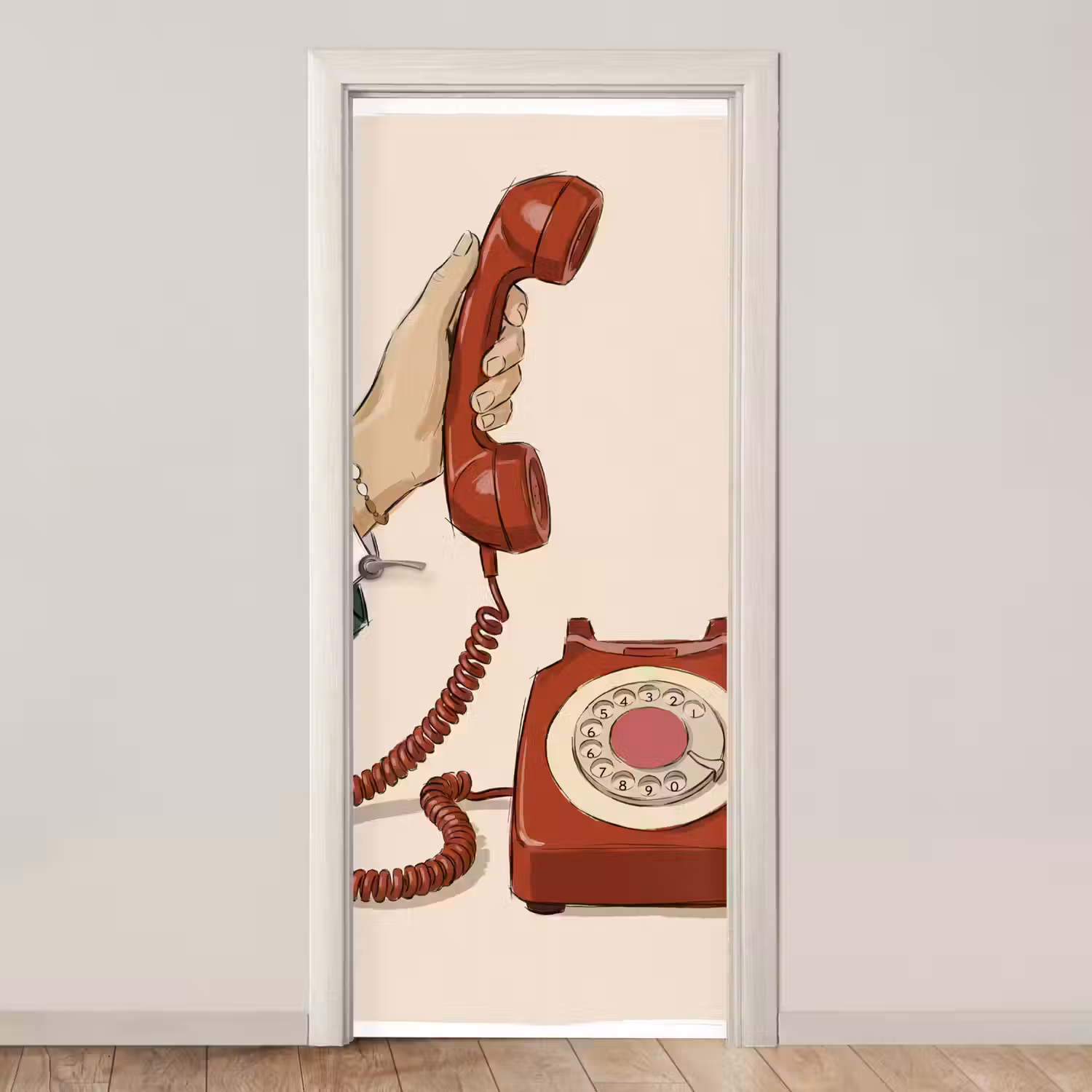 Telefoon - Hand - Vintage - Communicatie - Rood deurposter klein -3d_beige