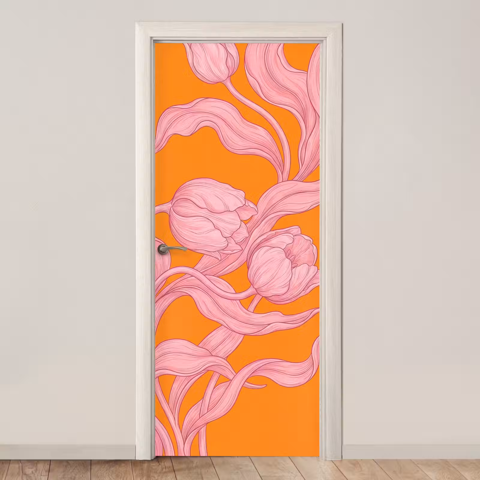 Door sticker - Pink Flowers - Modern - Roze bloemen - Modern deurposter klein