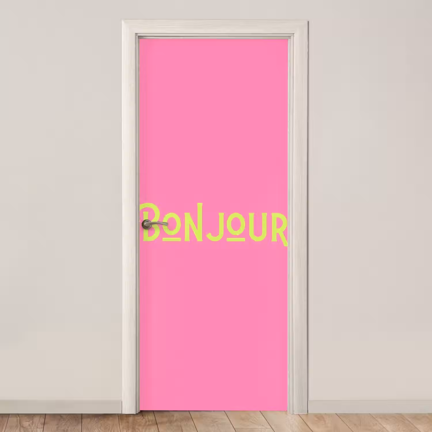 Roze - Groene Bonjour - art-deco deurposter klein -3d_beige