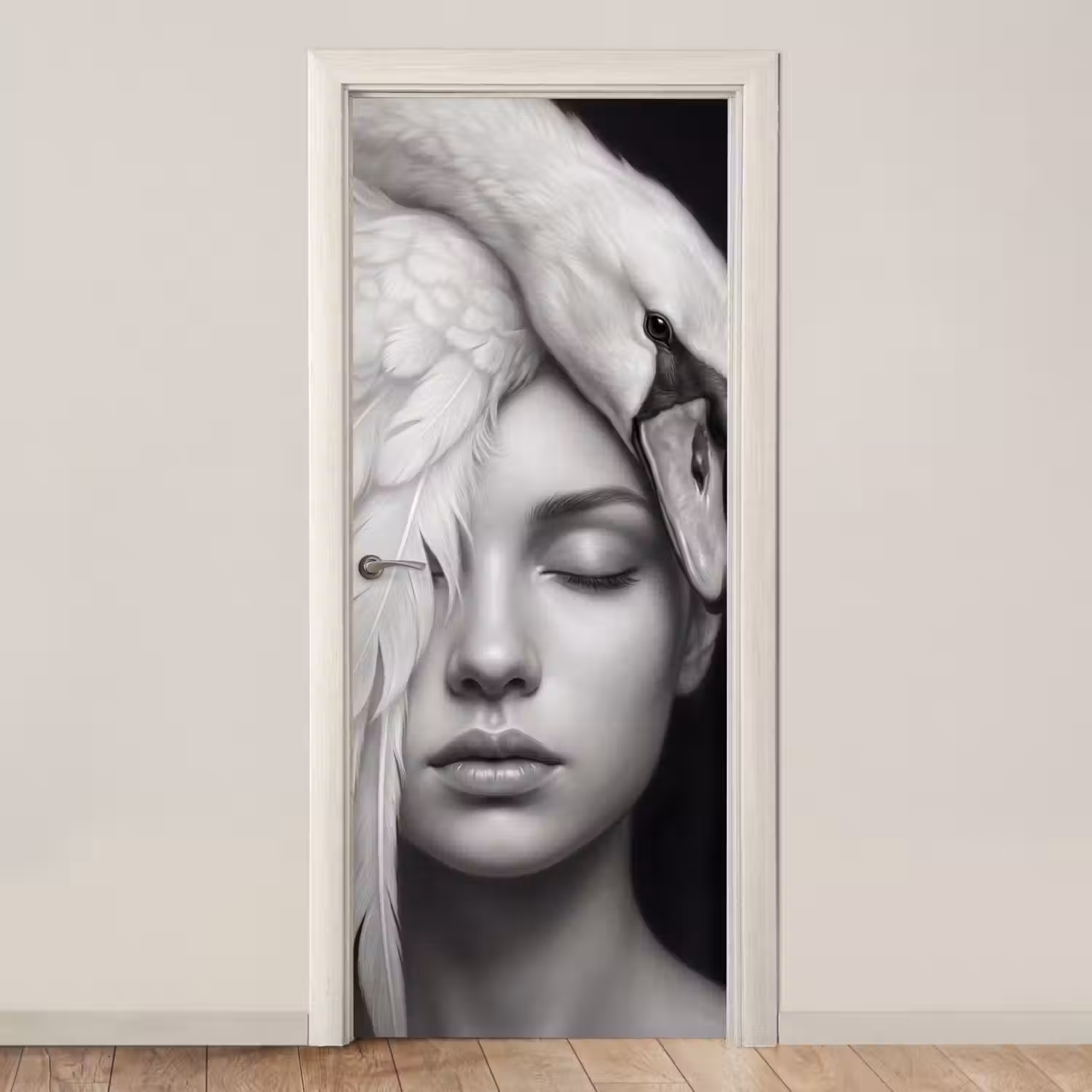 Portret - Zwaan - Zwart - Wit deurposter klein -3d_beige