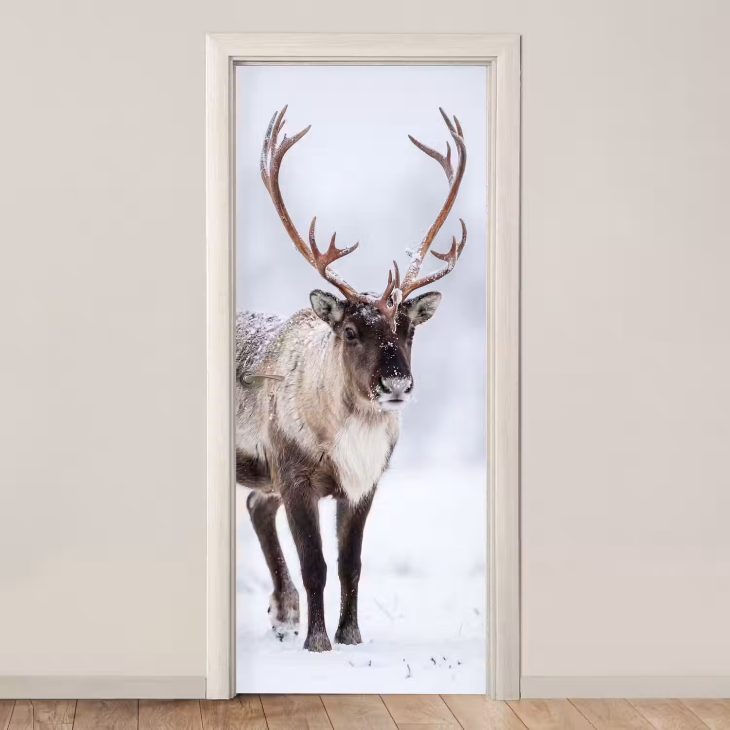 Rendier - Gewei - Toendra - Sneeuw - Wild deurposter klein -3d_beige