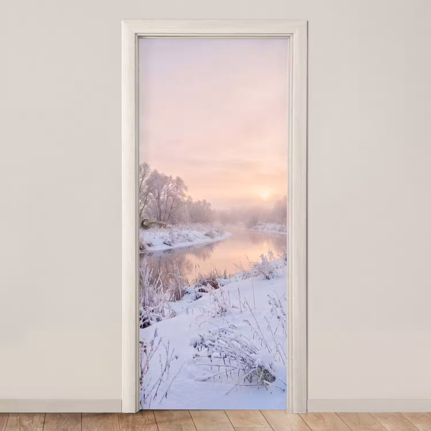 Rivier - Winter - Landschap - Sneeuw - Zonsopgang deurposter klein -3d_beige