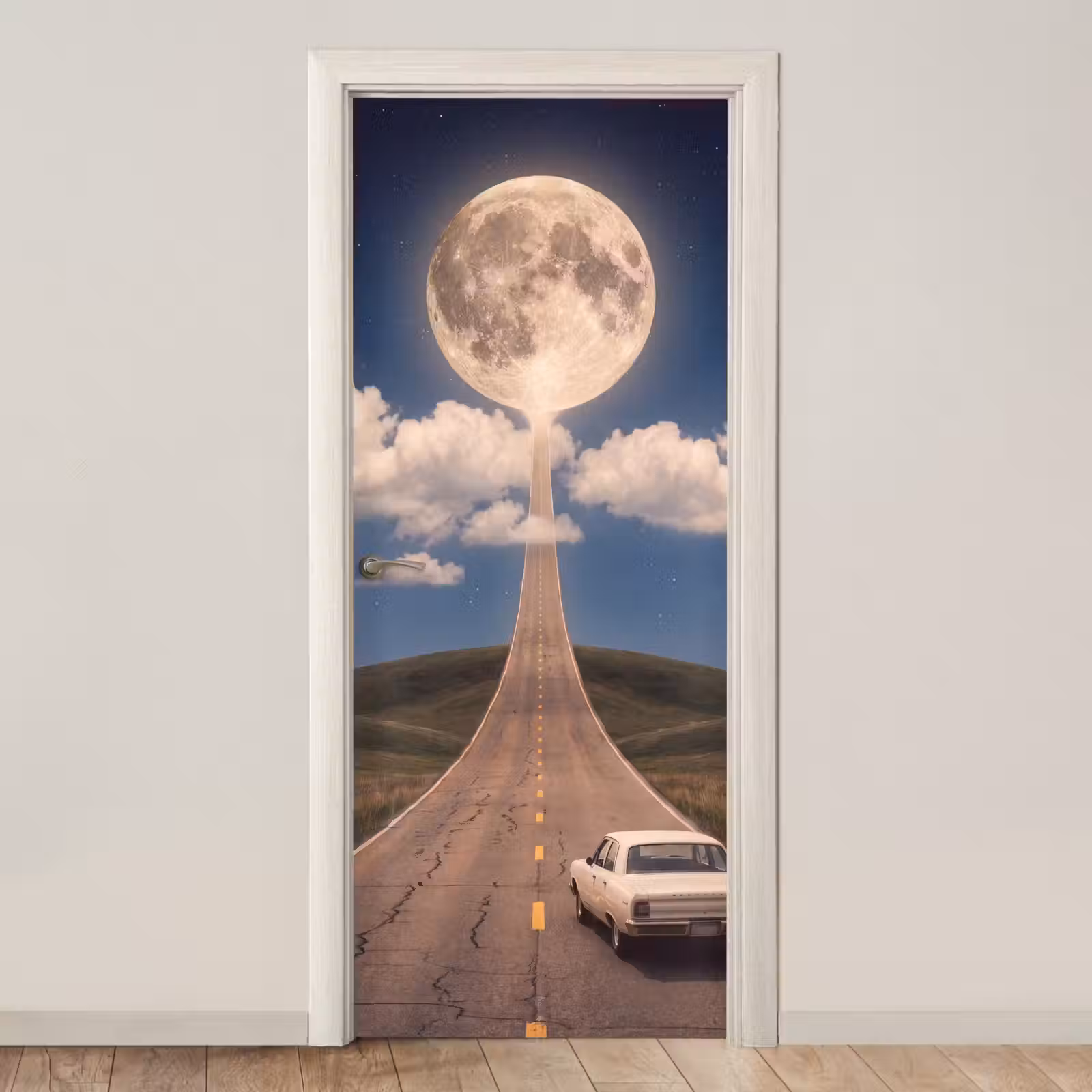 Door sticker - Road - Moon - Night - Weg - Maan - Nacht deurposter klein