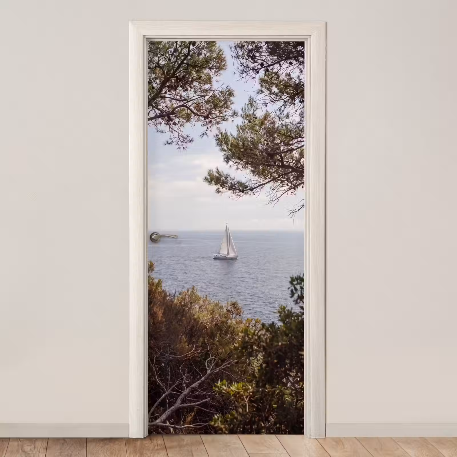 Door sticker - Sailboat - trees - water - Zeilboot - bomen - water deurposter klein