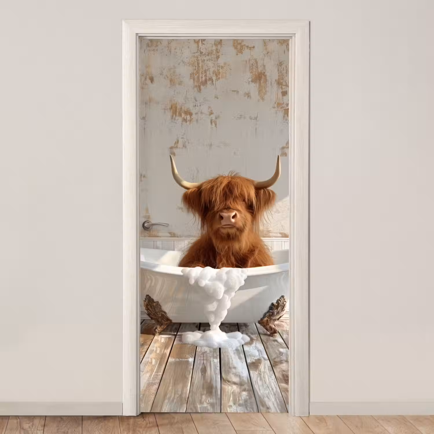 Schotse hooglander - Badkuip - Vintage - Koe deurposter klein -3d_beige