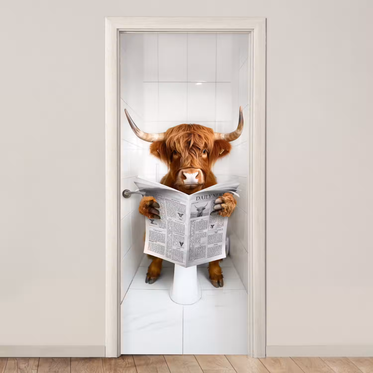 Schotse Hooglander - Krant - WC - Dier deurposter klein -3d_beige
