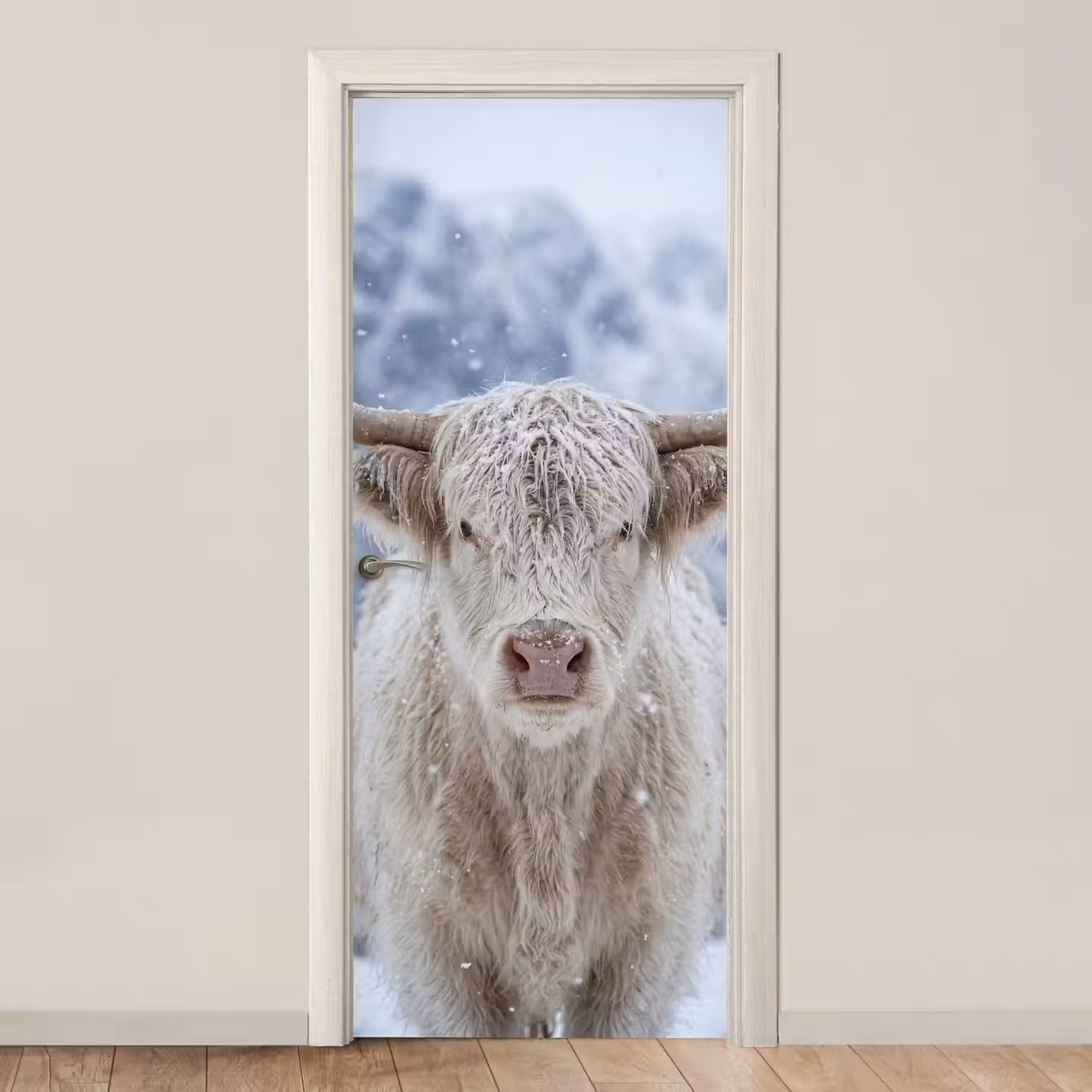 Schotse Hooglander - Sneeuw - Bergen - Winter deurposter klein -3d_beige