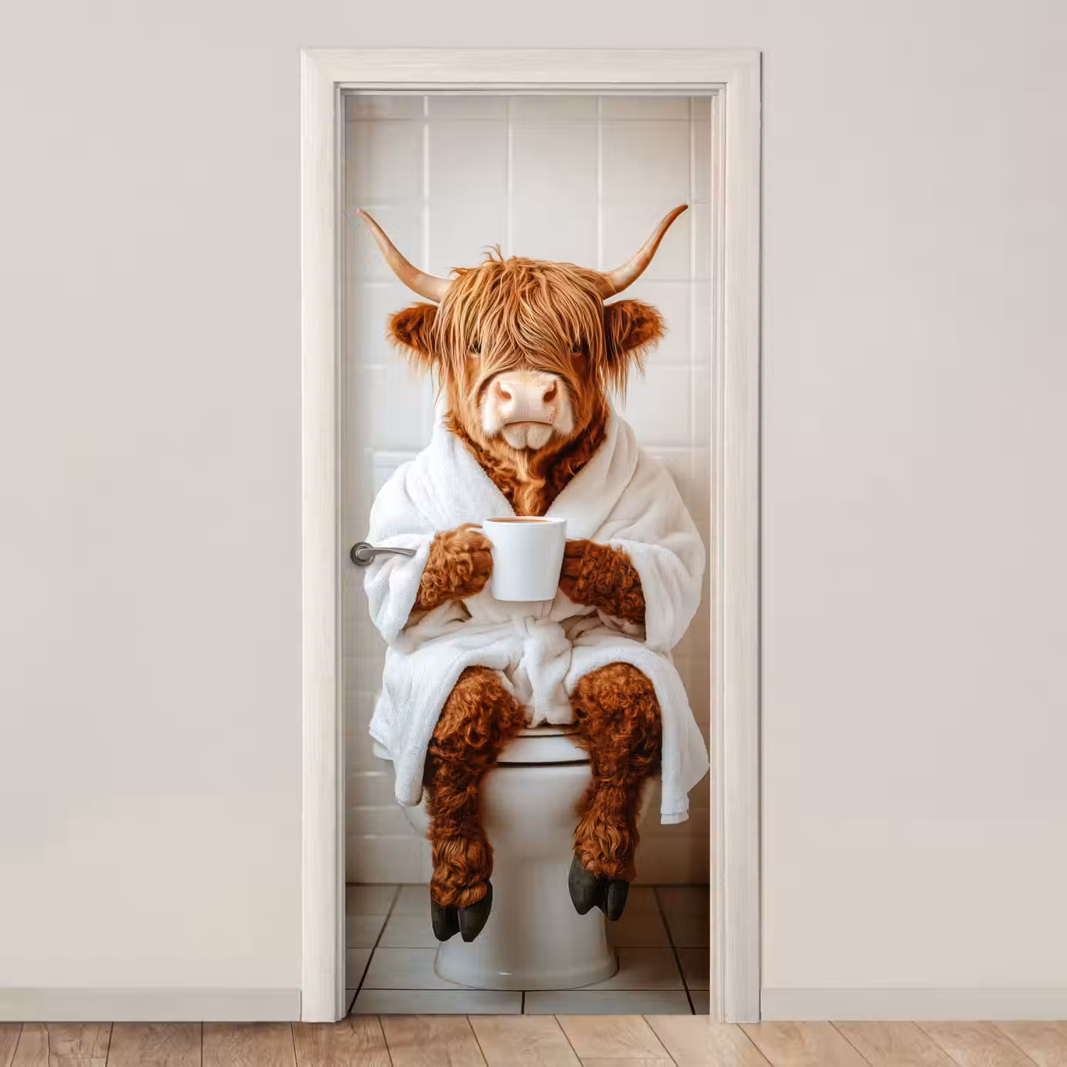 Schotse Hooglander - WC - Badjas - Modern - Dieren deurposter klein -3d_beige