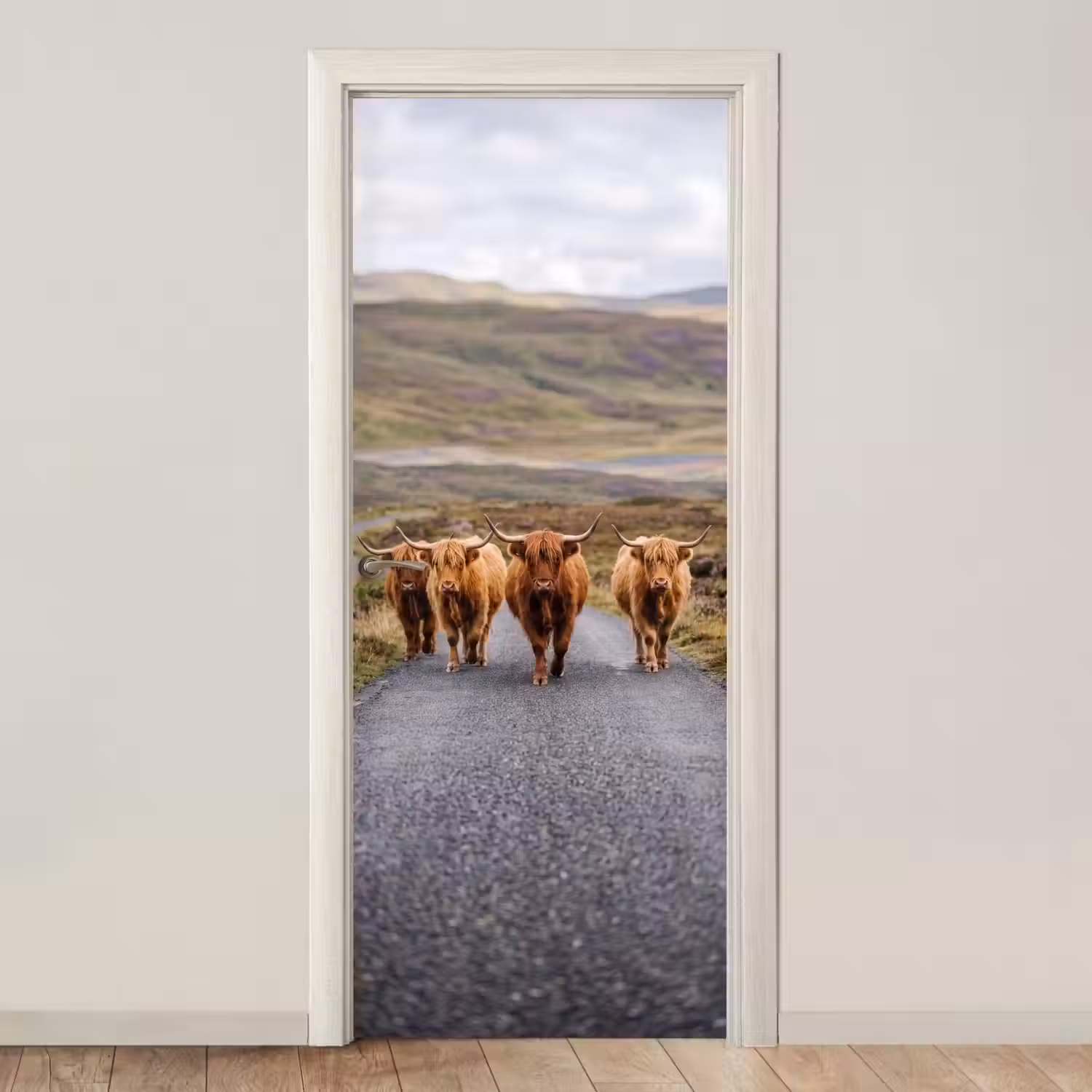 Schotse Hooglanders - Weg - Landschap - Kudde deurposter klein -3d_beige
