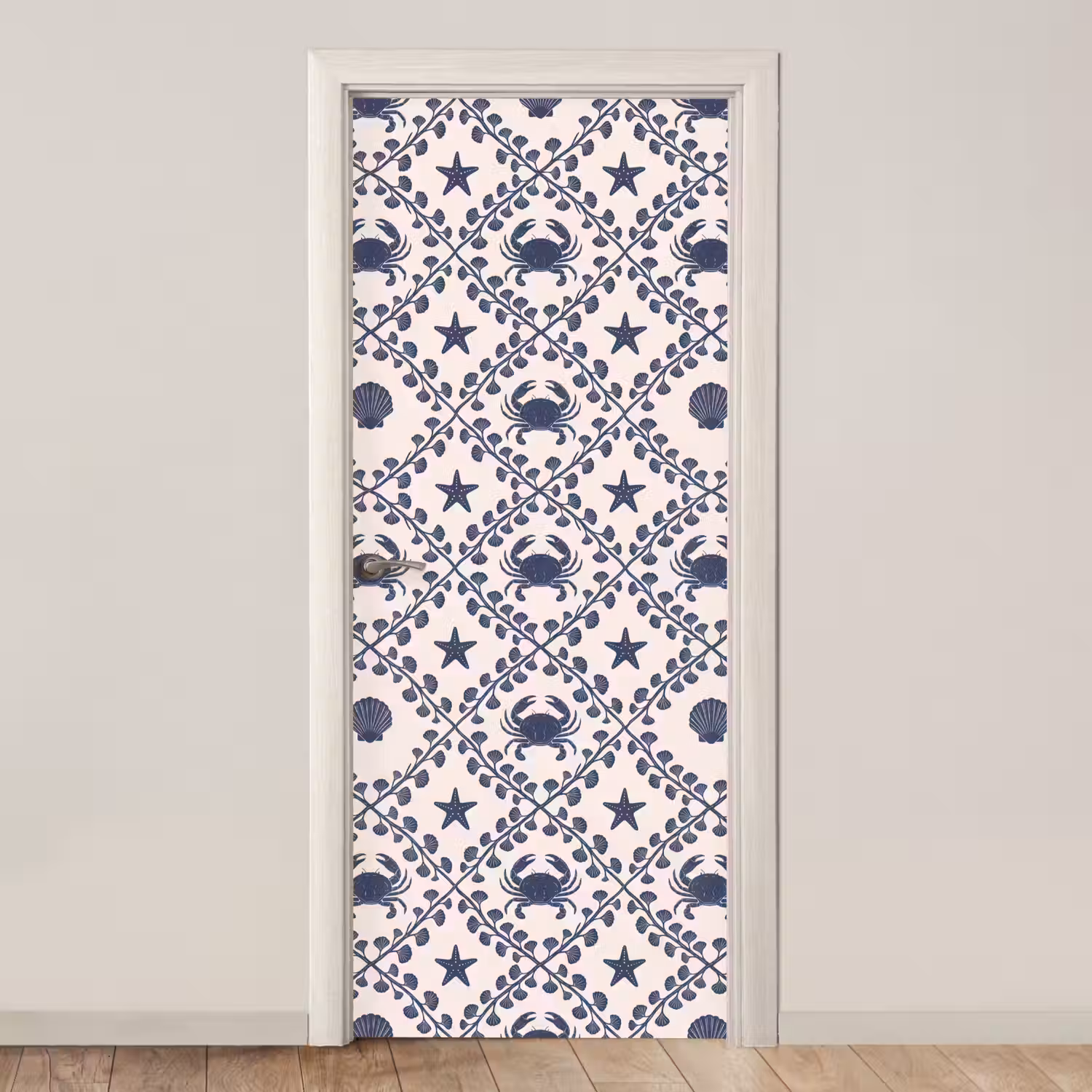 Zee - Krab - Zeester - Patroon - Blauw deurposter klein -3d_beige
