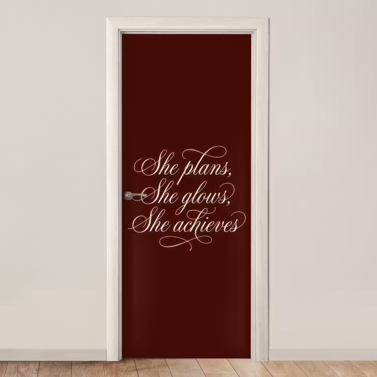She plans she glows she achieves - Rood - Cursief deurposter klein -3d_beige
