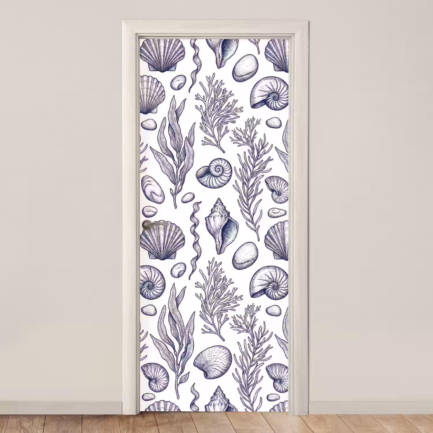 Schelpen - Zeewier - Oceaan - Illustratie - Blauw deurposter klein -3d_beige