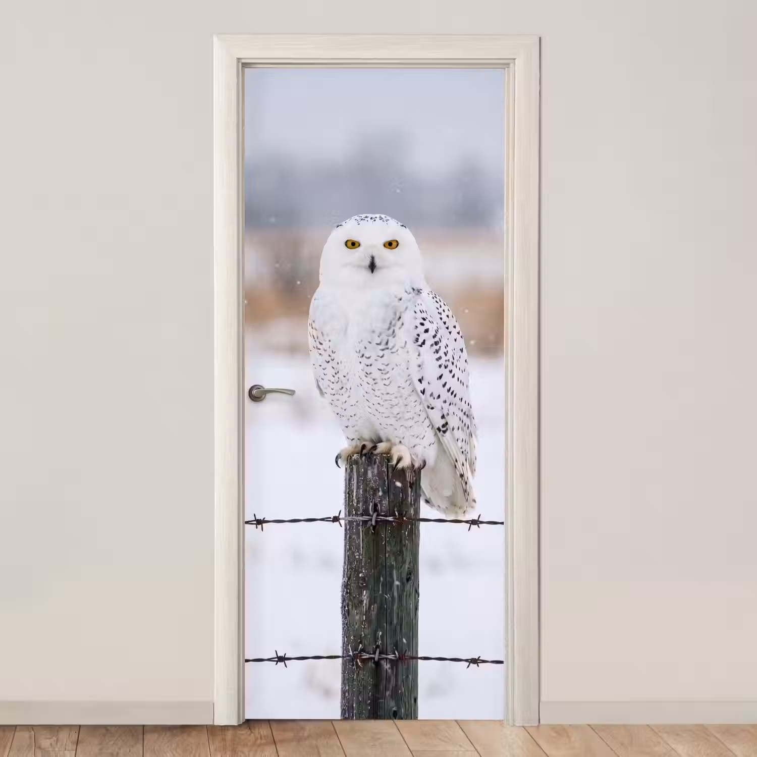 Sneeuwuil - Hek - Sneeuw - Wit deurposter klein -3d_beige