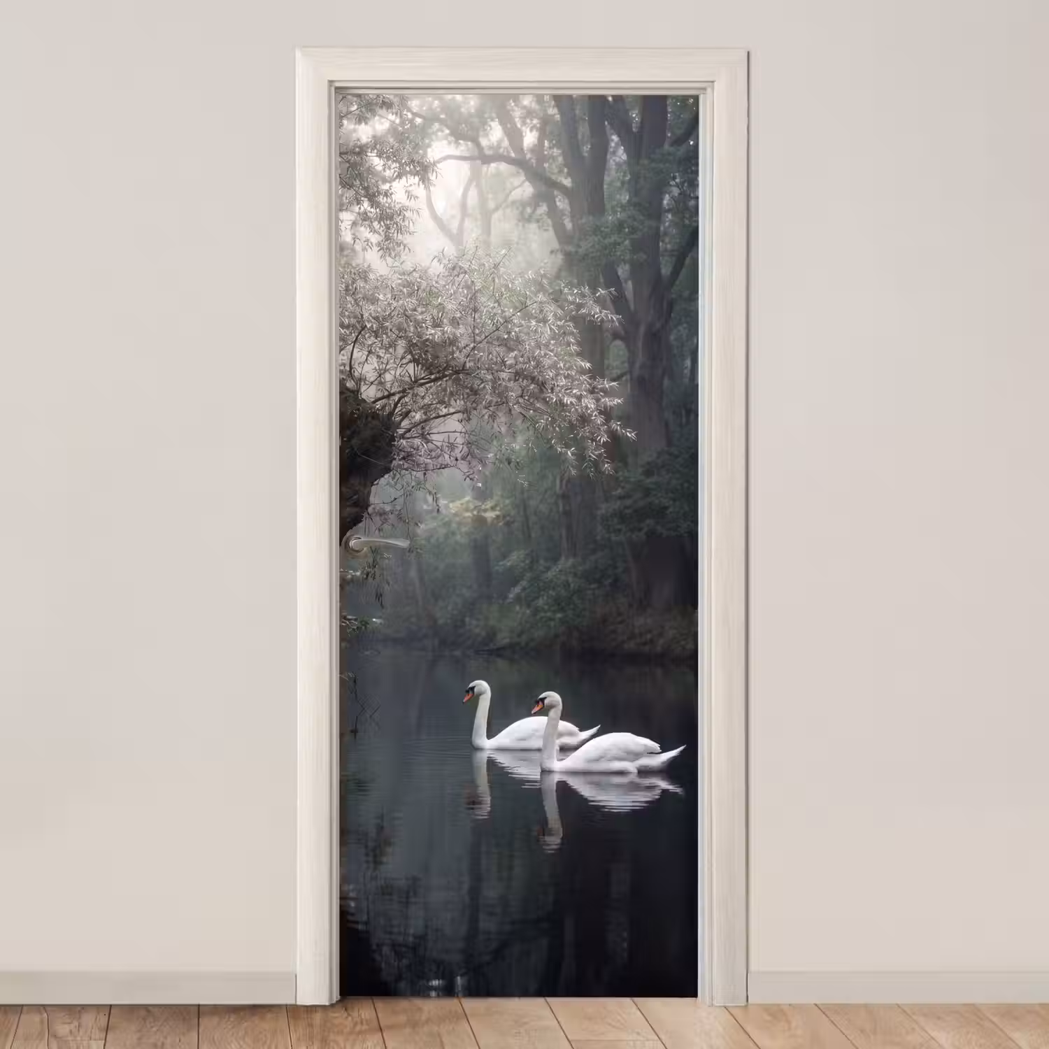 Zwanen - Rivier - Bos deurposter klein -3d_beige