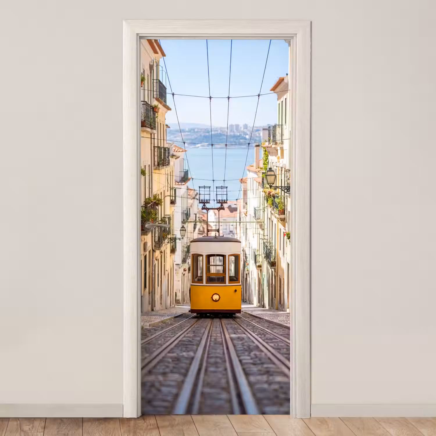 Tram - Straat - Stad - Architectuur - Geel deurposter klein -3d_beige