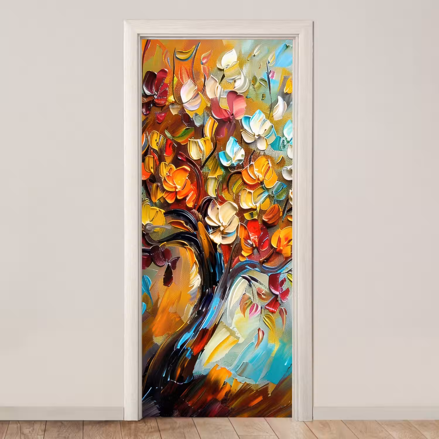 Boom - Abstract - Kleurrijk - Bloemen deurposter klein -3d_beige