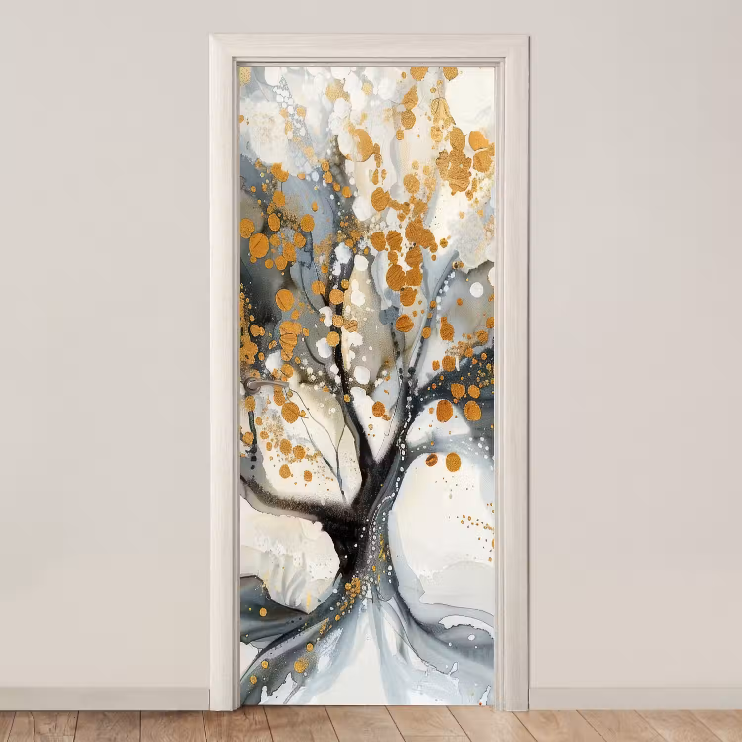Boom - Modern - Abstract - Goud - Zwart - Wit deurposter klein -3d_beige