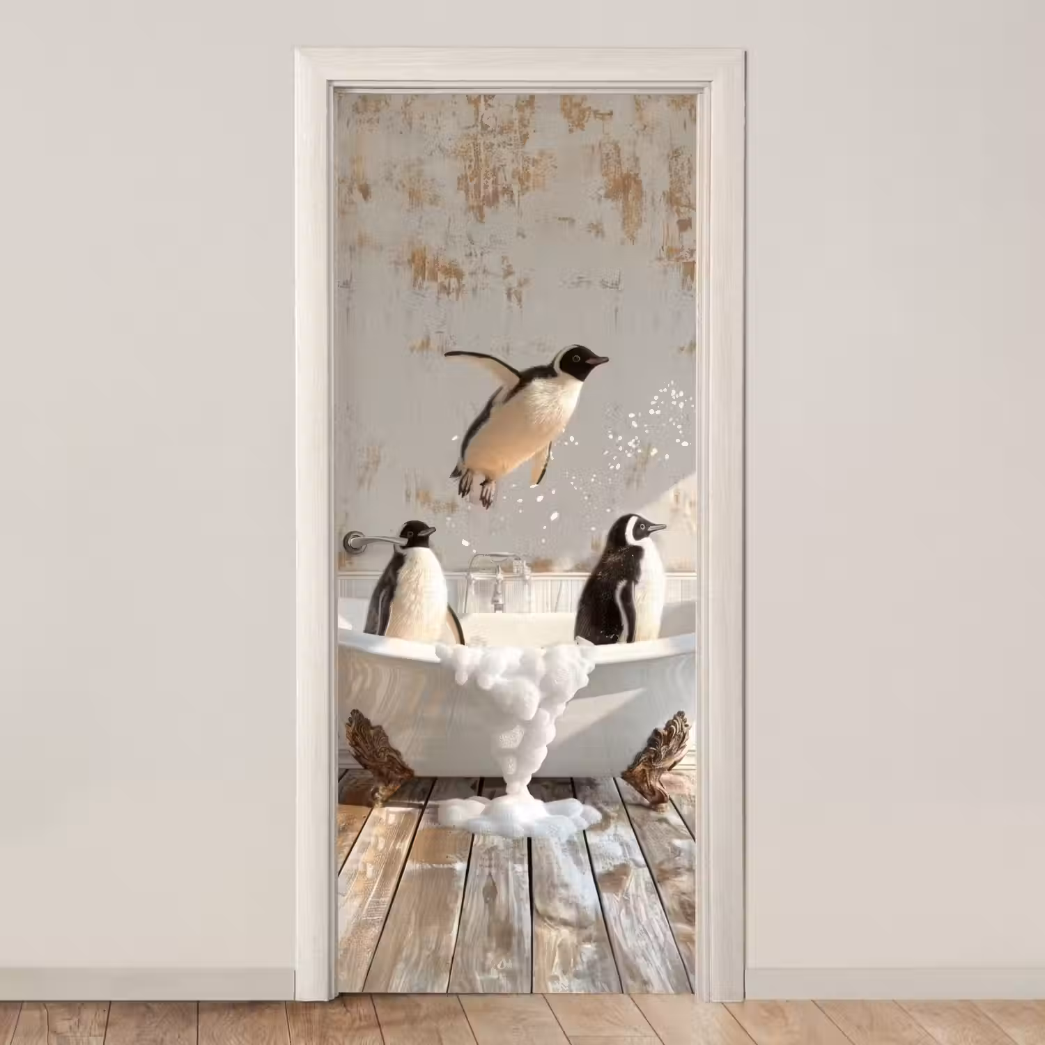 Vintage - Pinguïn - Badkuip - Schuim deurposter klein -3d_beige