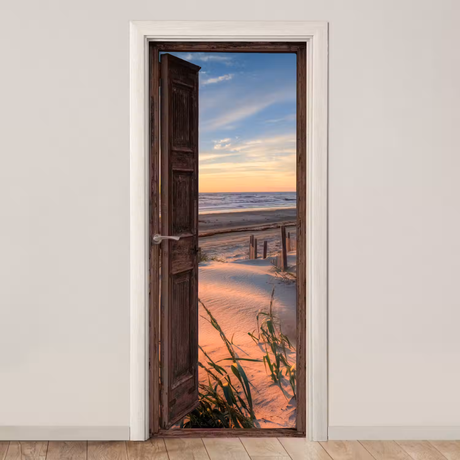 Doorkijk - Strand - Zee - Natuur - Duinen deurposter klein -3d_beige