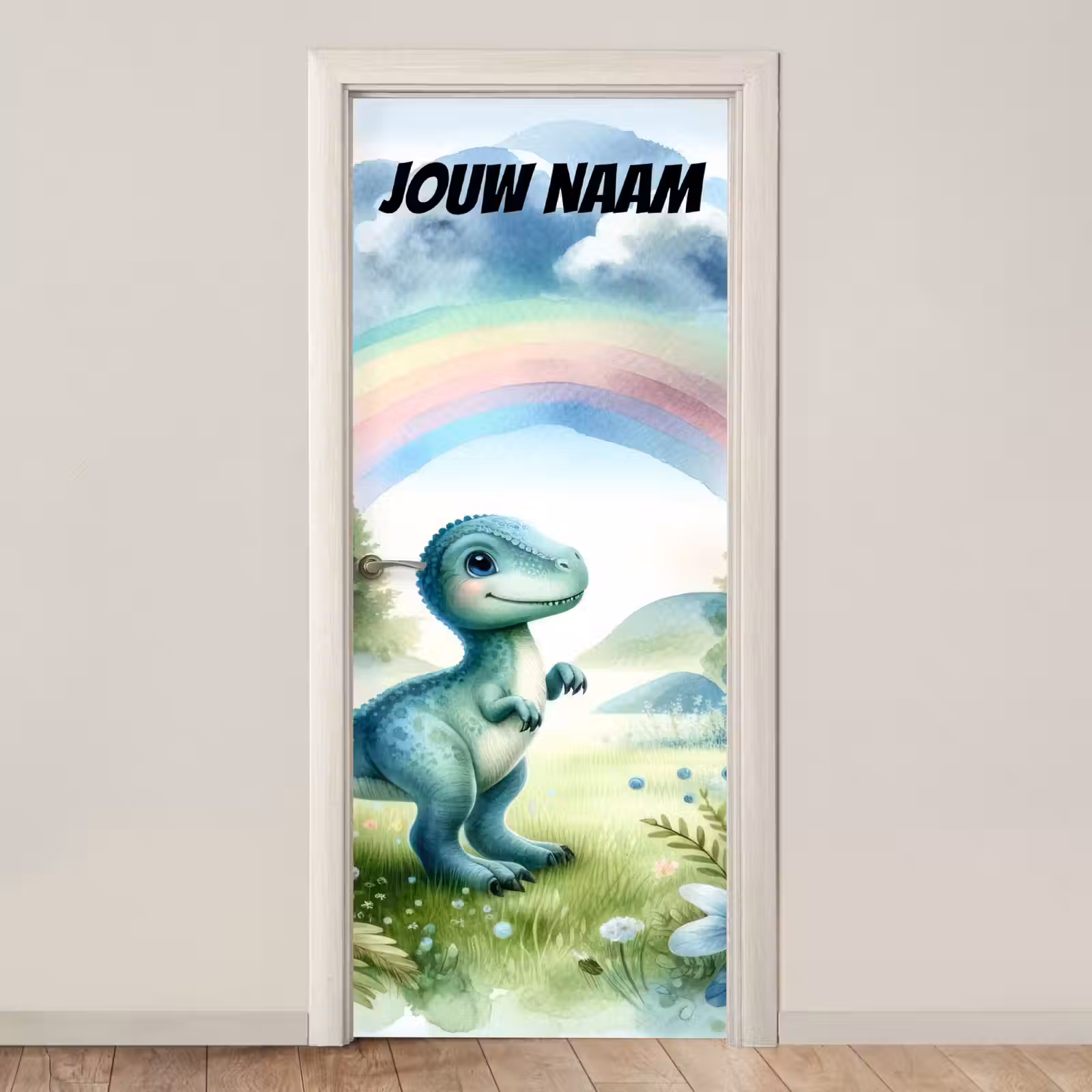 Schattige dinosaurus in een veld met regenboog en de tekst “Deze kamer is van: jouw naam”. deurposter klein -3d_beige