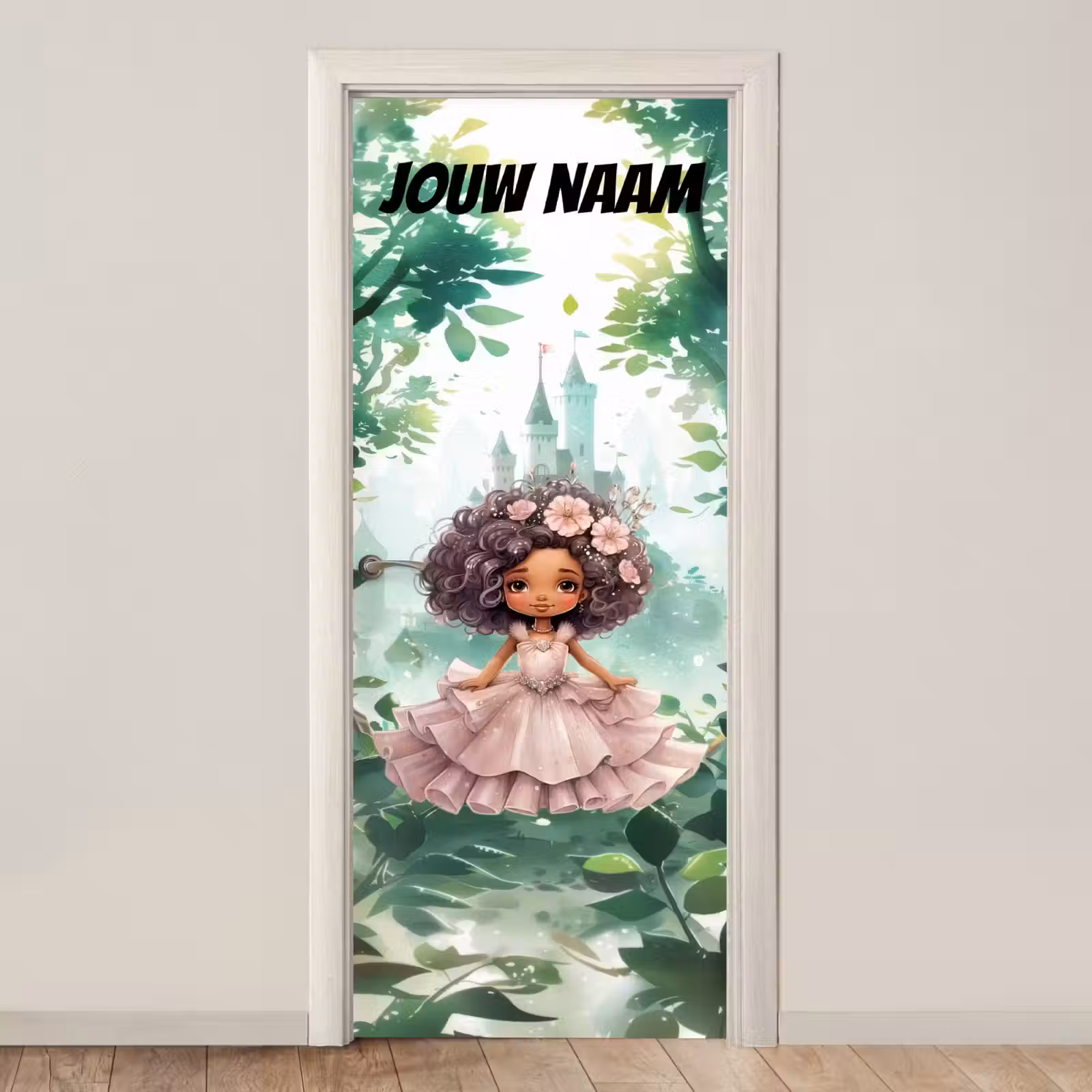 Sprookjesachtig meisje in jurk met bloemen en de tekst “Deze kamer is van: jouw naam”. deurposter klein -3d_beige