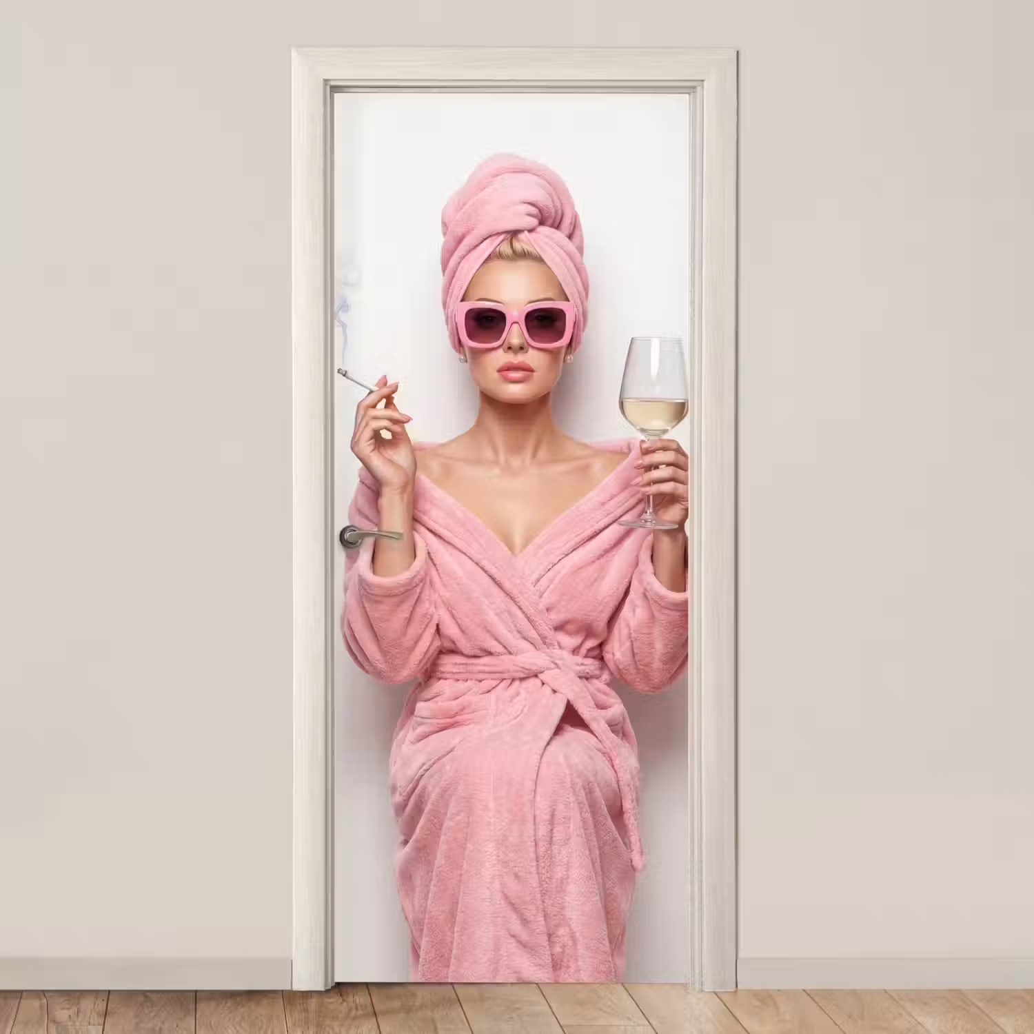 Vrouw - Roze - Wijn - Zonnebril deurposter klein -3d_beige