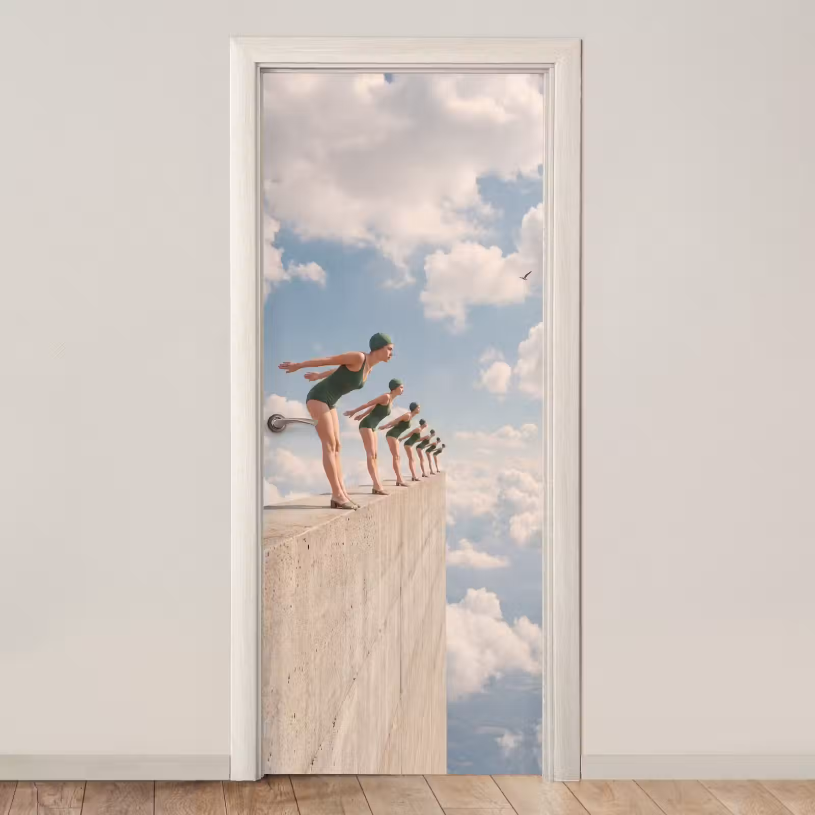 Door sticker - Women - Diving Pose - Clouds - Vrouwen - Duikhouding - Wolken deurposter klein