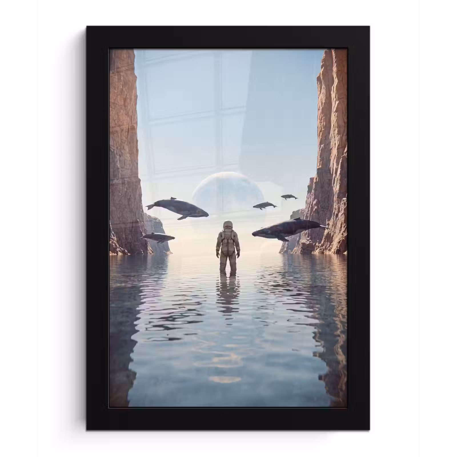 Framed Prints - Astronaut - Whale - Fantasy - Ruimtevaarder - Walvis - Fantasie fotolijst zwart zonder passe partout klein