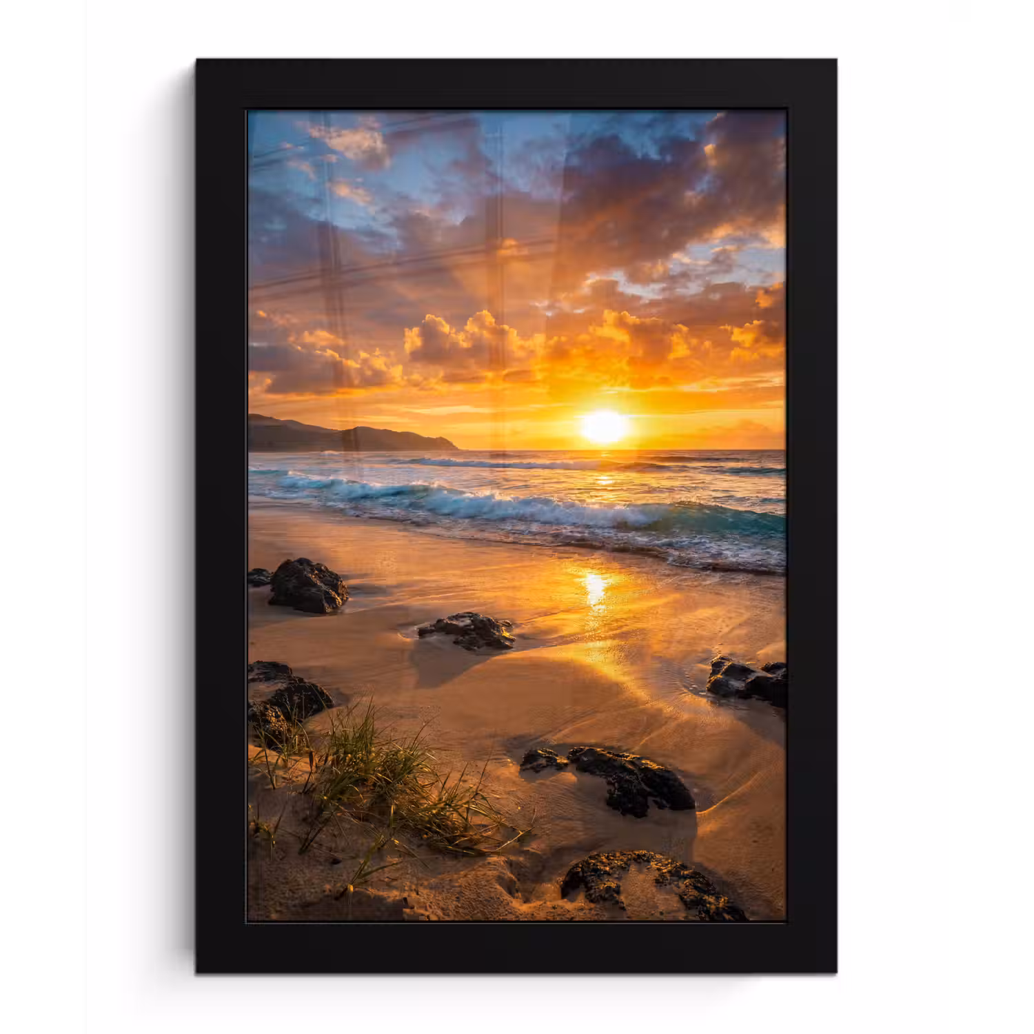 Strand - Zonsondergang - Golven - Natuur - Oranje fotolijst zwart zonder passe partout klein -3d