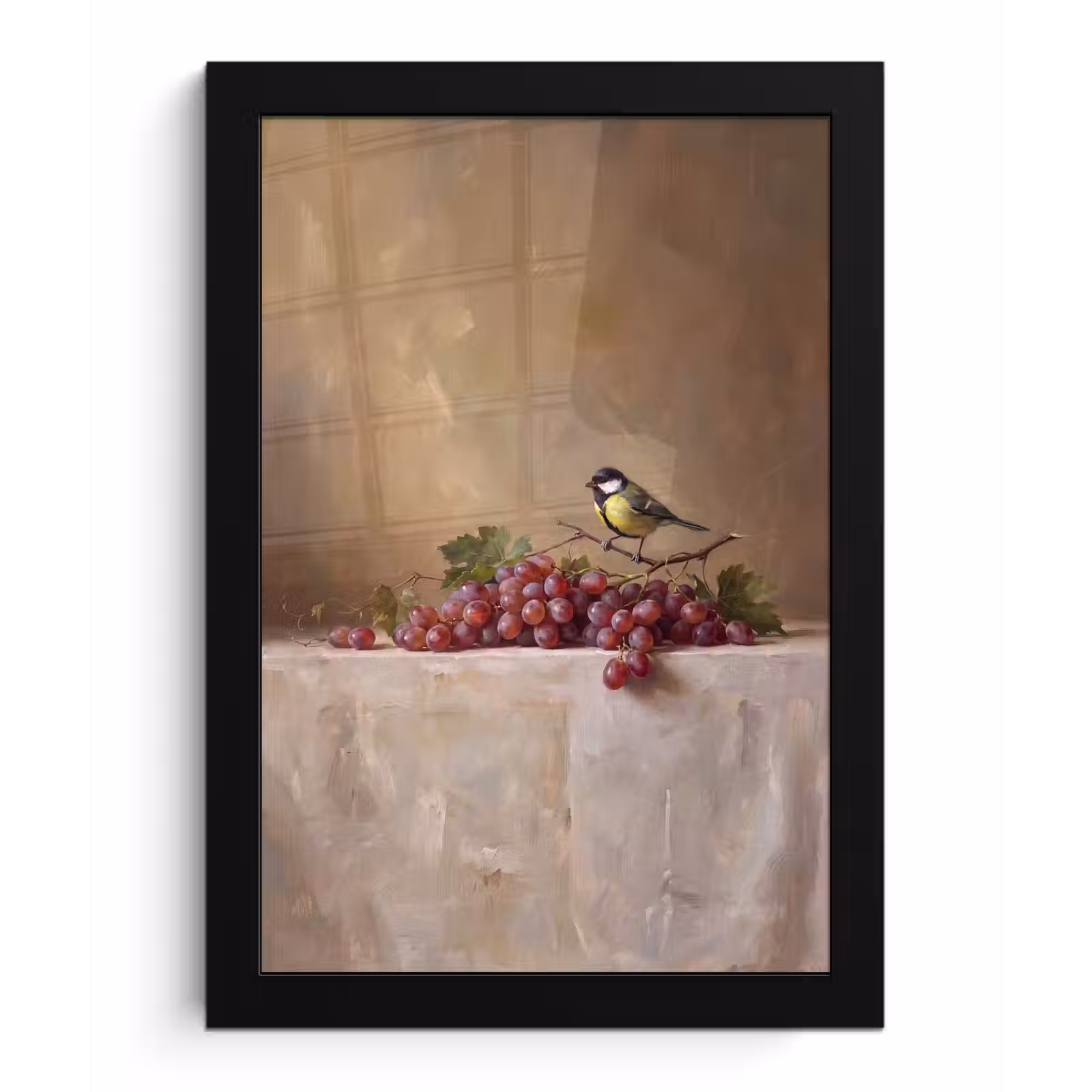 Framed Prints - Bird - Grapes - Still Life - Vogel - Druiven - Stilleven fotolijst zwart zonder passe partout klein
