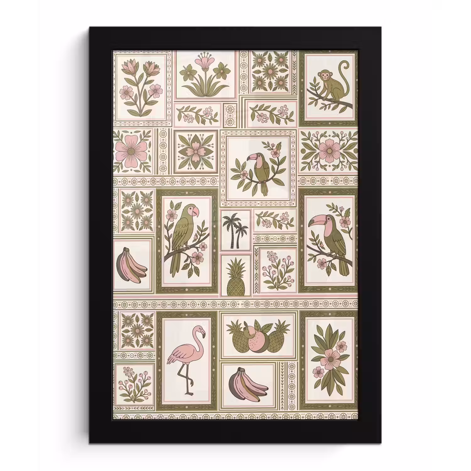 Vogel - Tropisch - Patroon - Decoratief - Groen fotolijst zwart zonder passe partout klein -3d