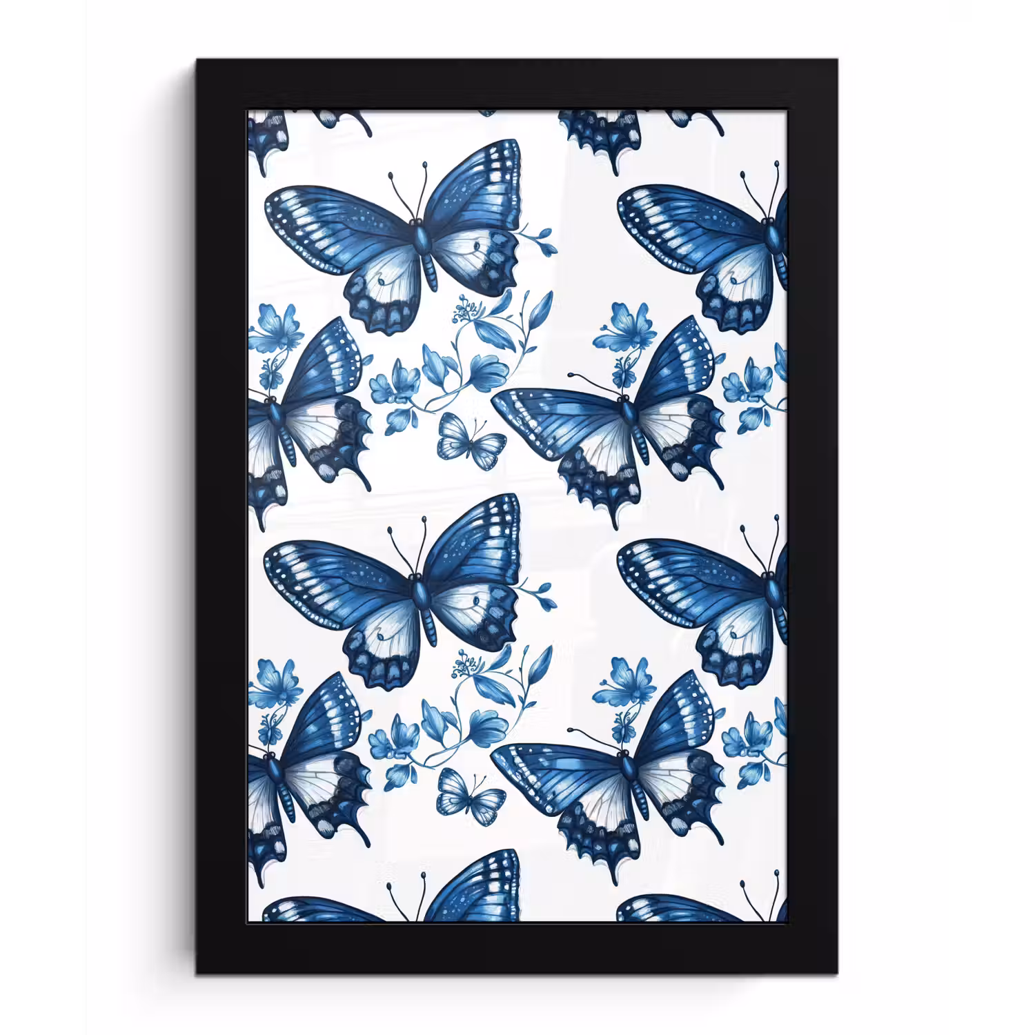 Blauw - Vlinders - Bloemen - Wit fotolijst zwart zonder passe partout klein 224 -3d