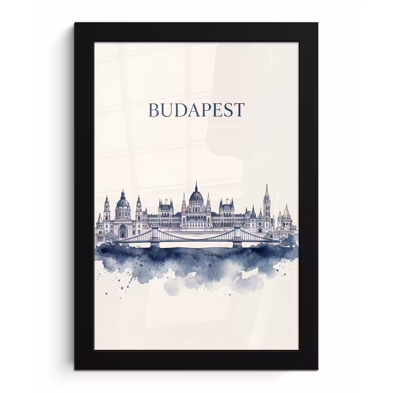 Boedapest - Skyline - Architectuur - Aquarel - Blauw fotolijst zwart zonder passe partout klein -3d
