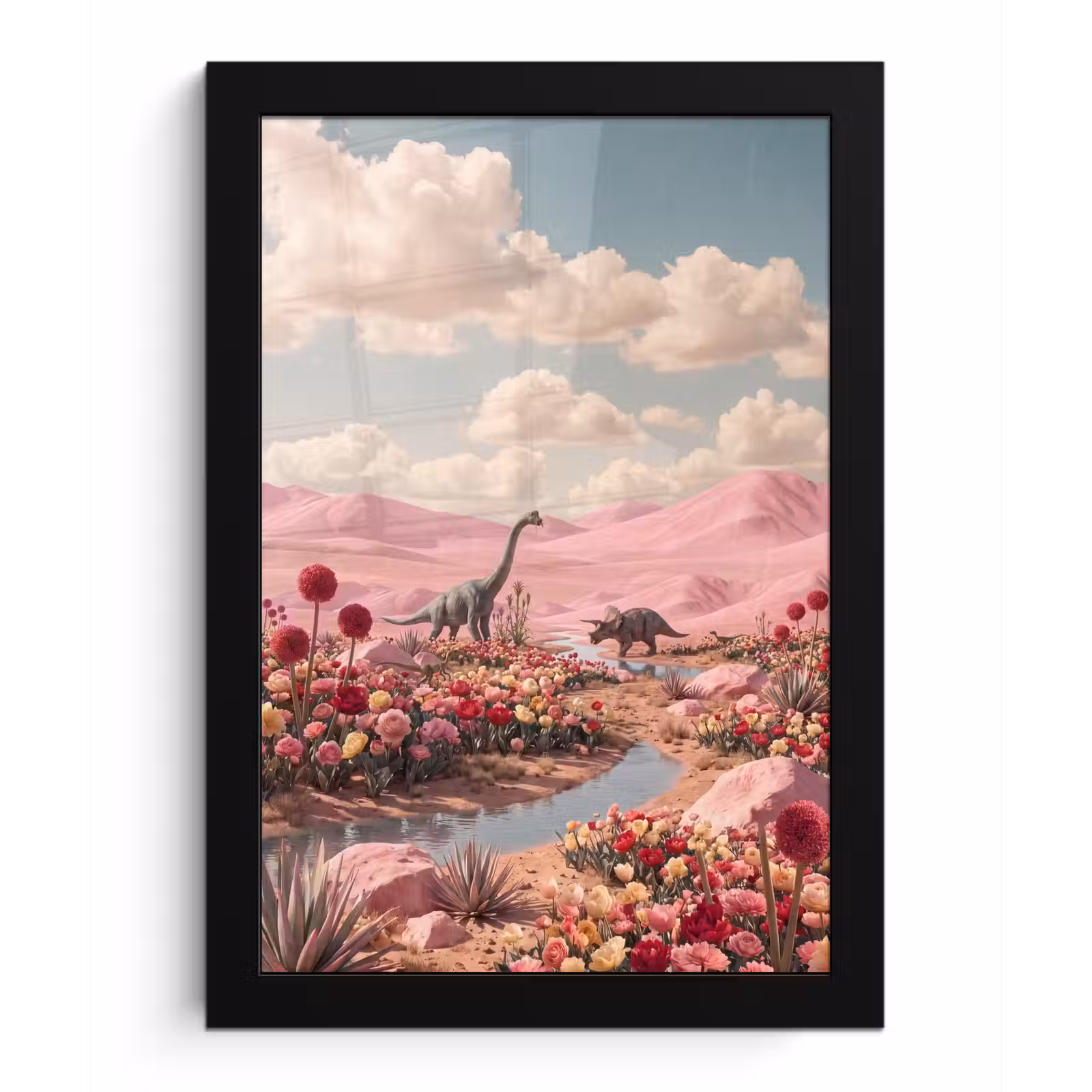 Framed Prints - Dinosaur - Pink - Landscape - Dinosaurus - Roze - Landschap fotolijst zwart zonder passe partout klein